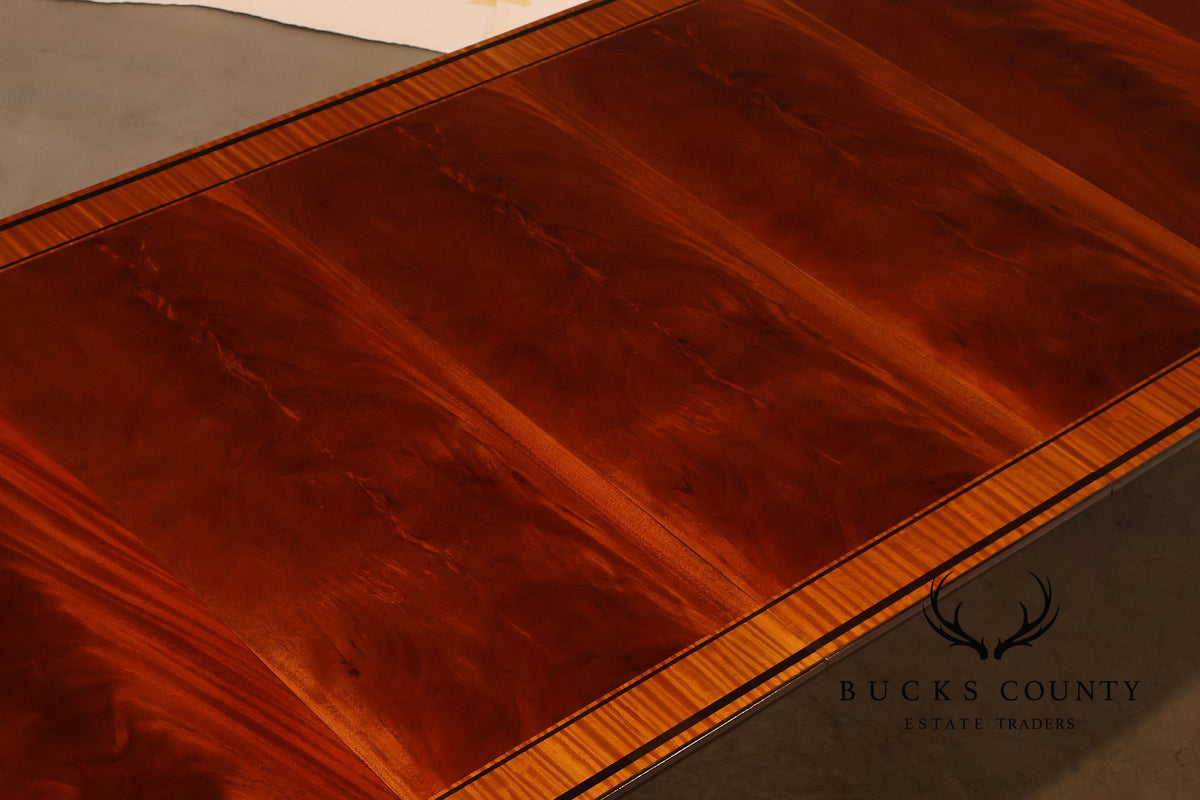 Baker Furniture Mahogany Banded Double Pedestal Extension Dining Table With Three Leaves