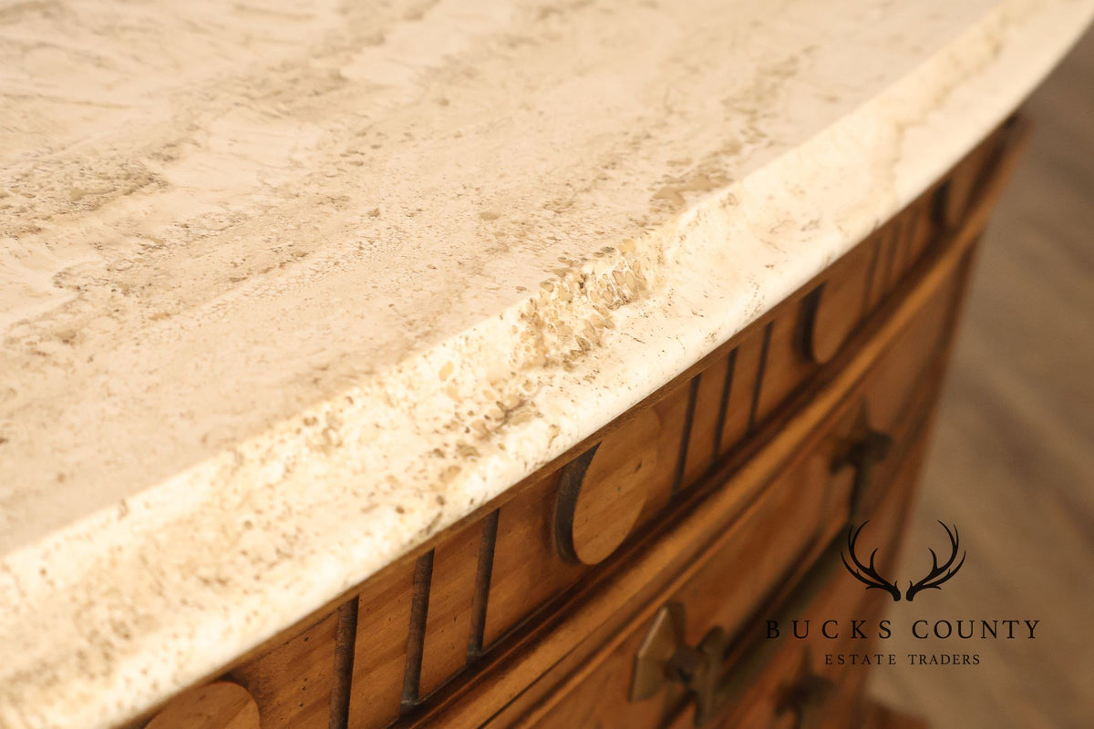 Pair Of Neoclassical Style Travertine Top Three Drawer Nightstands