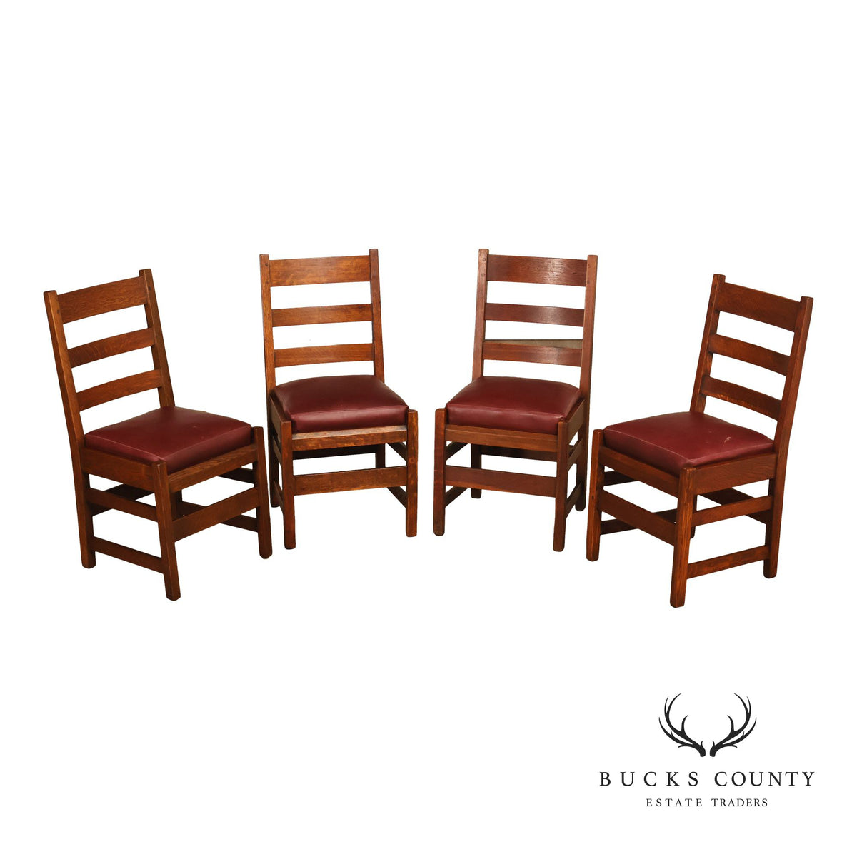 Antique L. & J. G. Stickley Set Of Four Oak Ladder Back Dining Chairs  #800