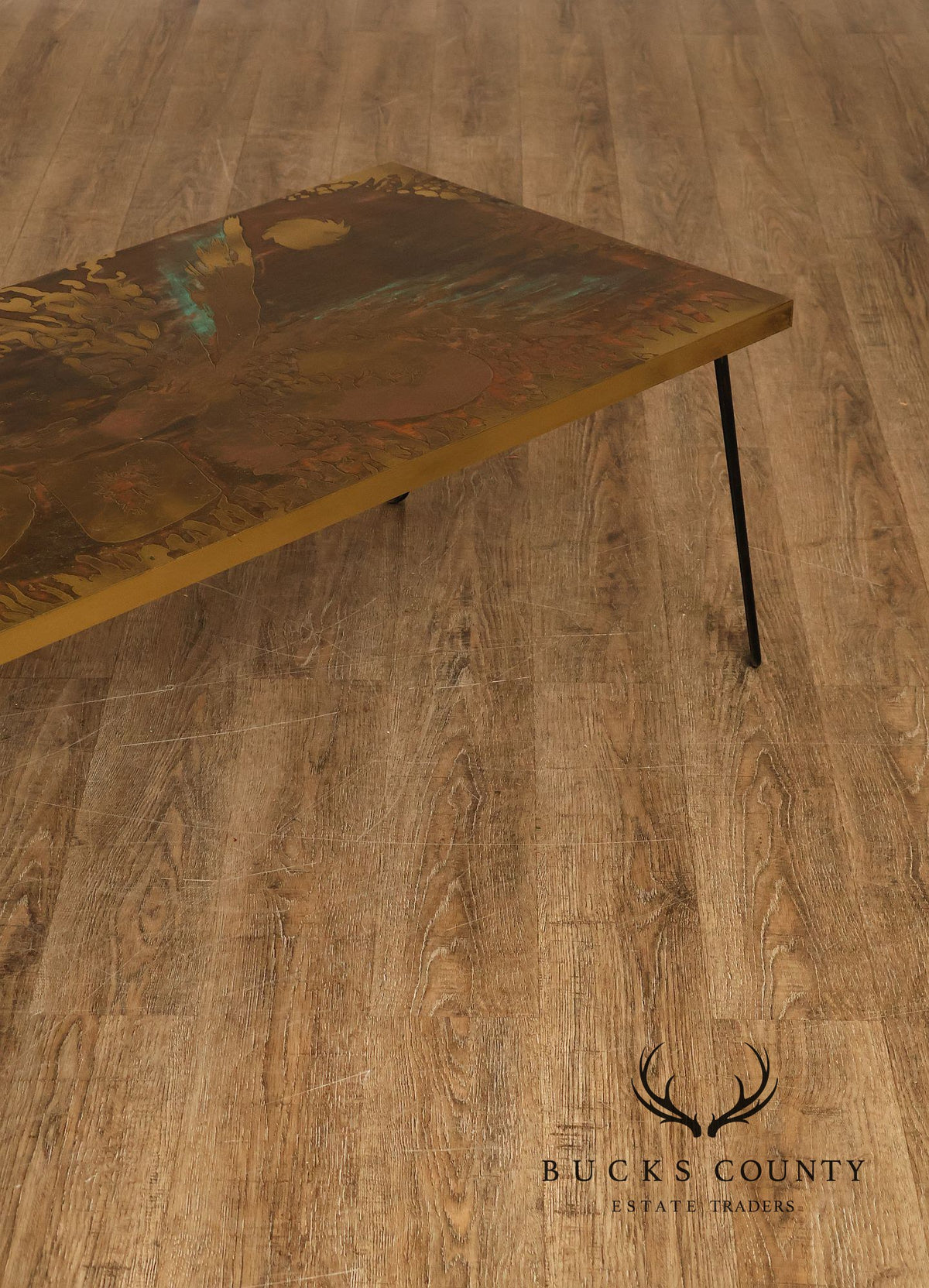 Mid Century Modern Acid Etched Brass Top Coffee Table With Hairpin Legs