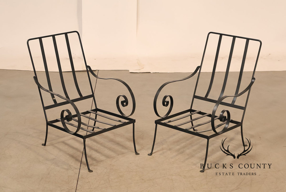 Vintage Pair of Wrought Iron Scroll Arm Lounge Chairs