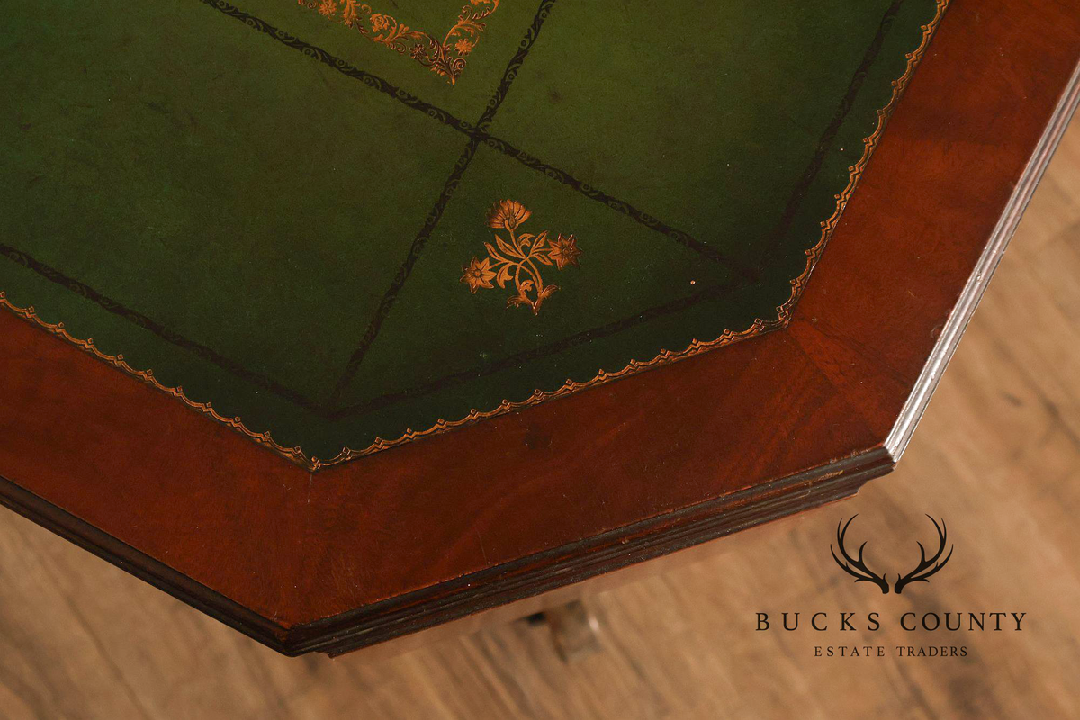 1940's Vintage Pair of Regency Style Mahogany Green Leather Top Pedestal Side Tables