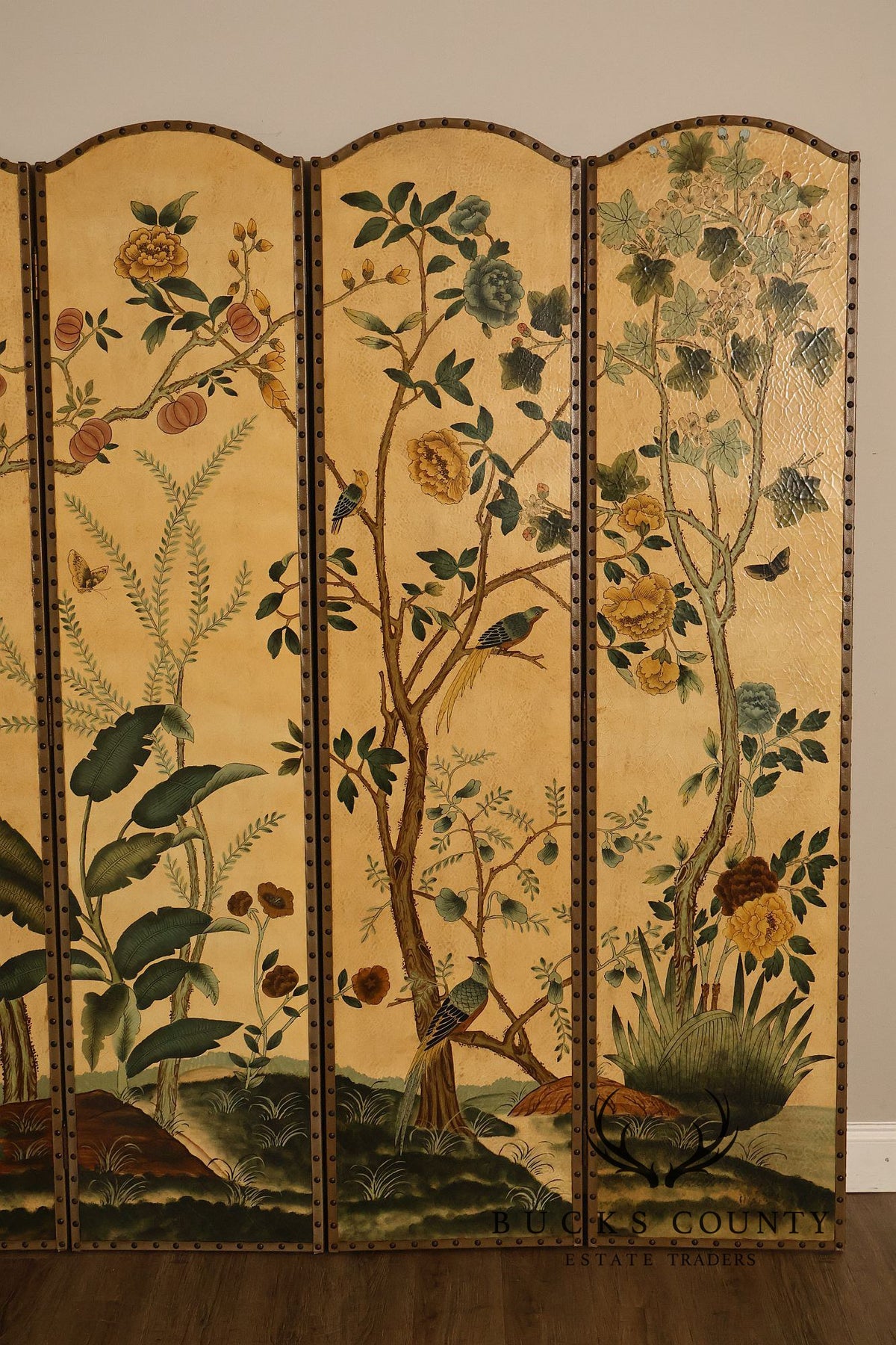 Decorative Crafts Chinoiserie Style Four Panel Hand-Painted Folding Screen