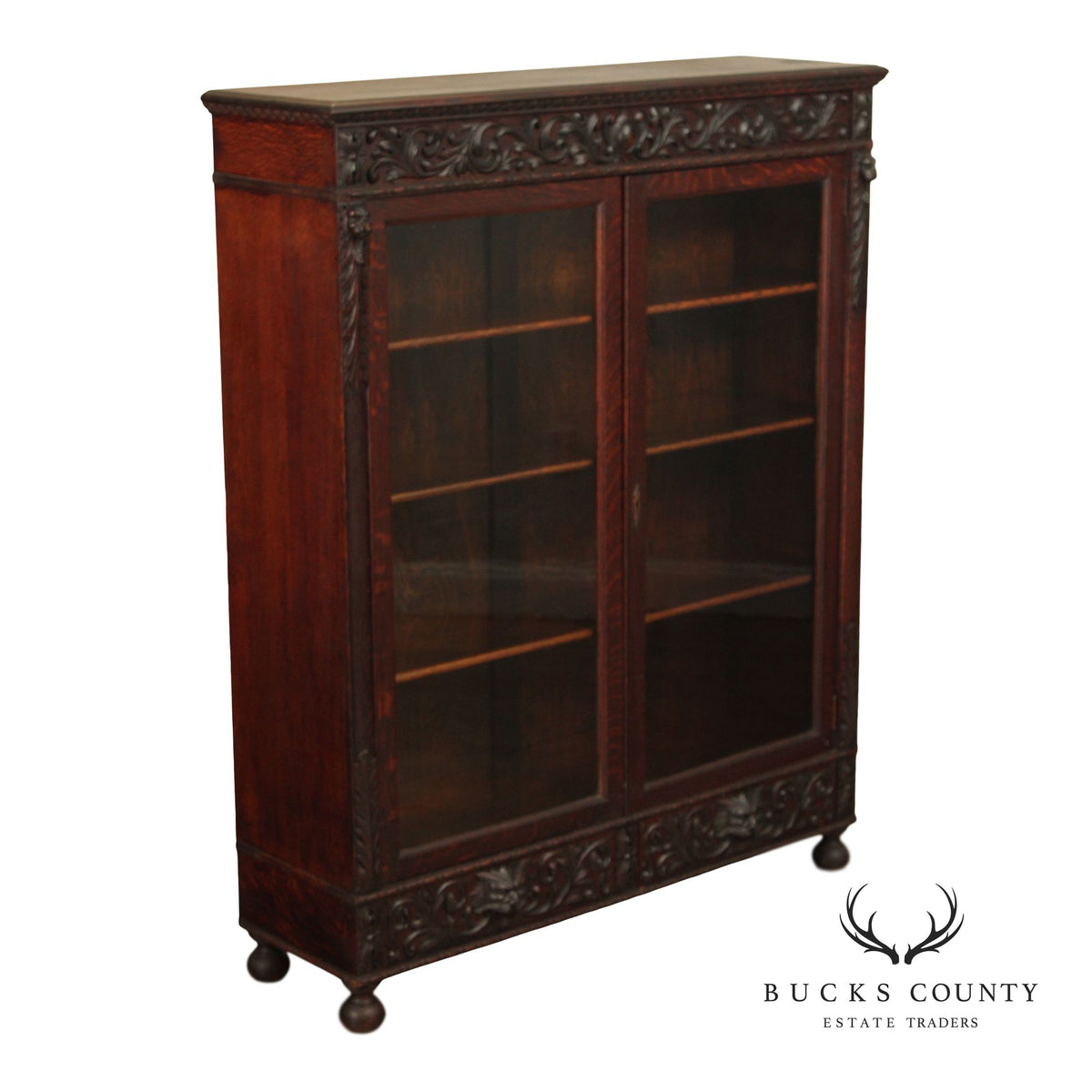 Antique Renaissance Revival Carved Oak Glass Door Bookcase