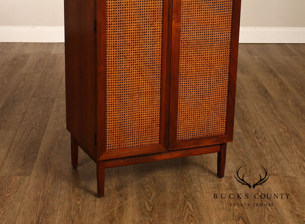 Mid-Century Modern Walnut Cane-Front Storage Cabinet