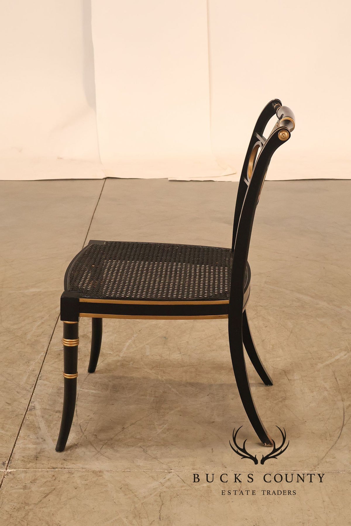 Baker Regency Style Pair of Ebonized and Partial Gilt Side Chairs