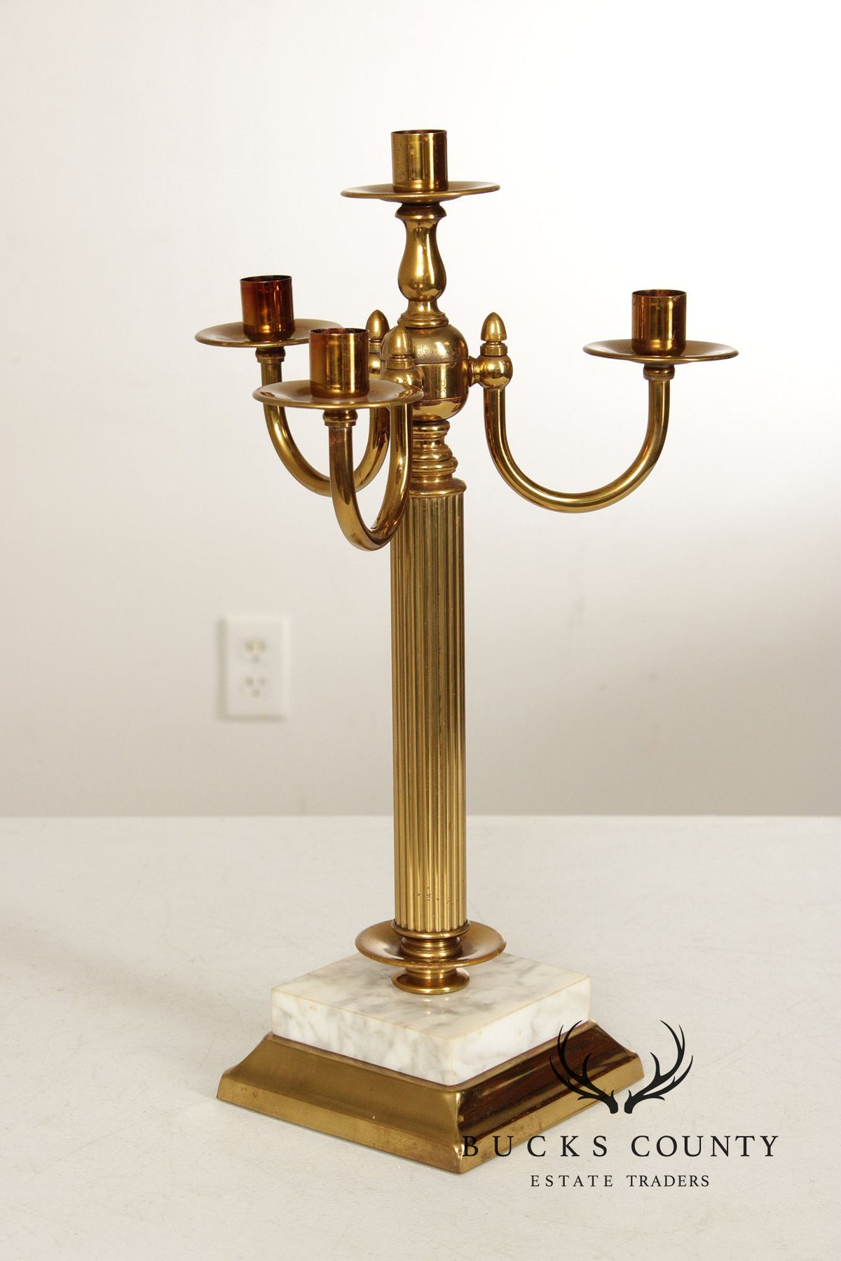 Classical Style Vintage Pair of Brass and Marble Candelabra