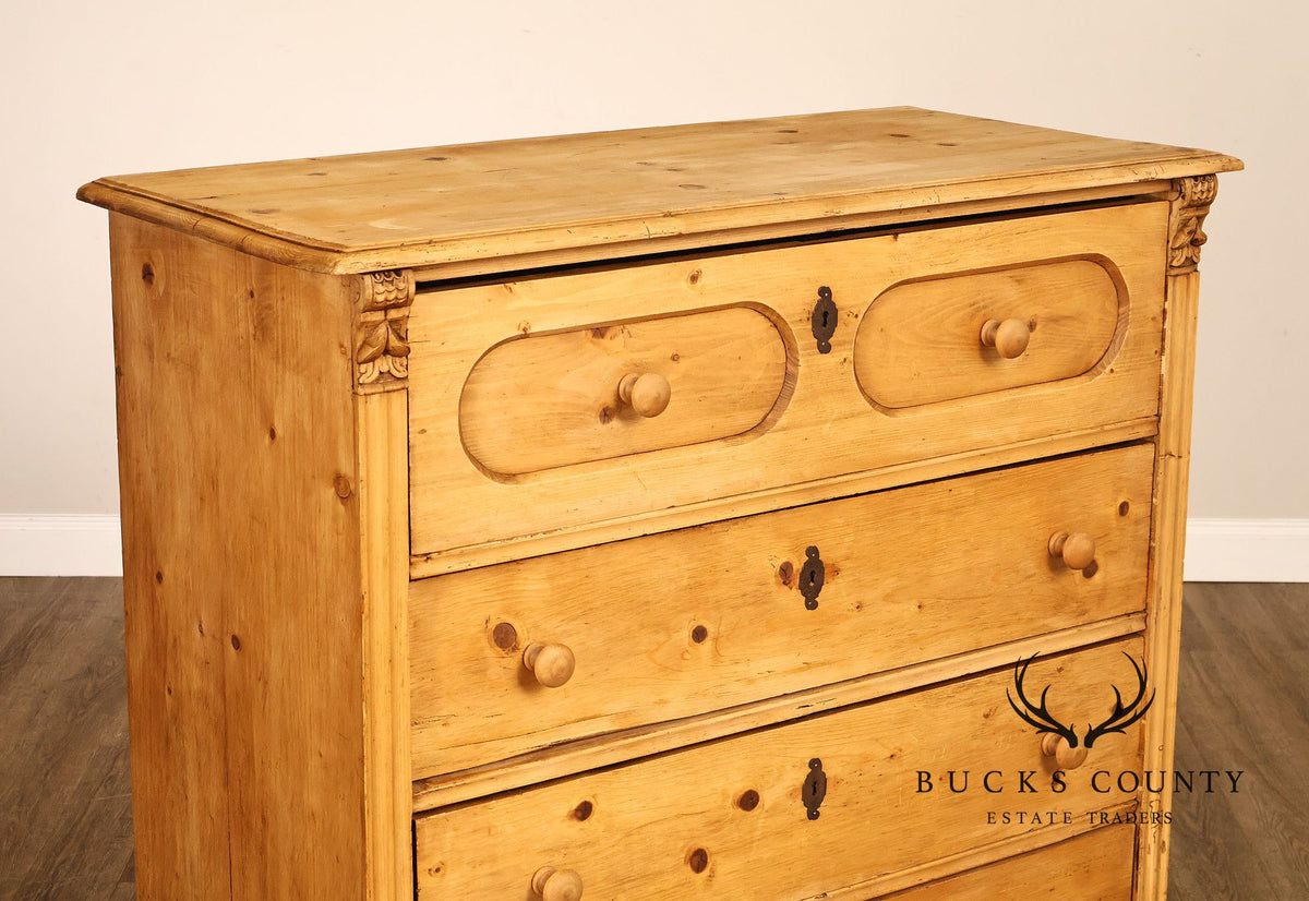 Antique Scottish Pine Chest Of Drawers Dresser With Carved Details