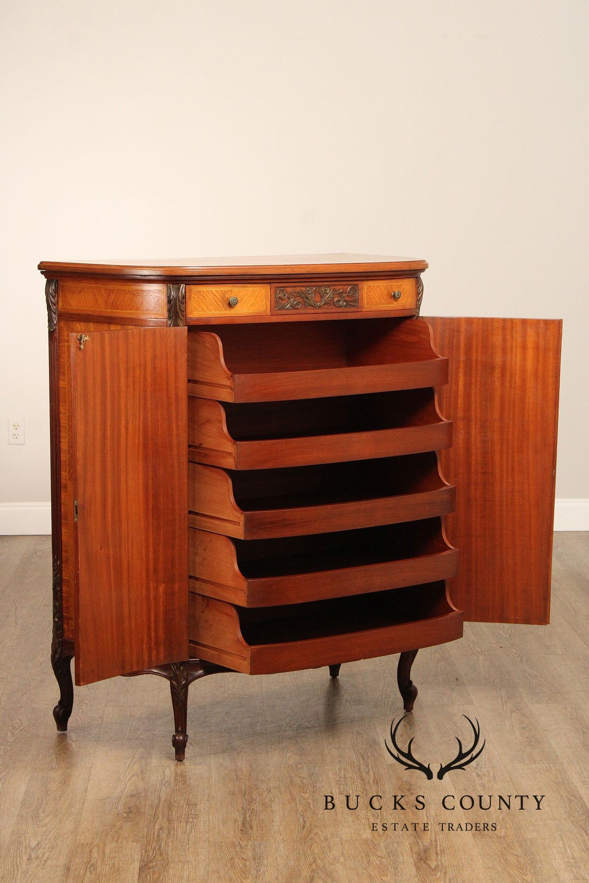 1930's French Louis XV Style Inlaid Satinwood Demilune Gentleman's High Chest