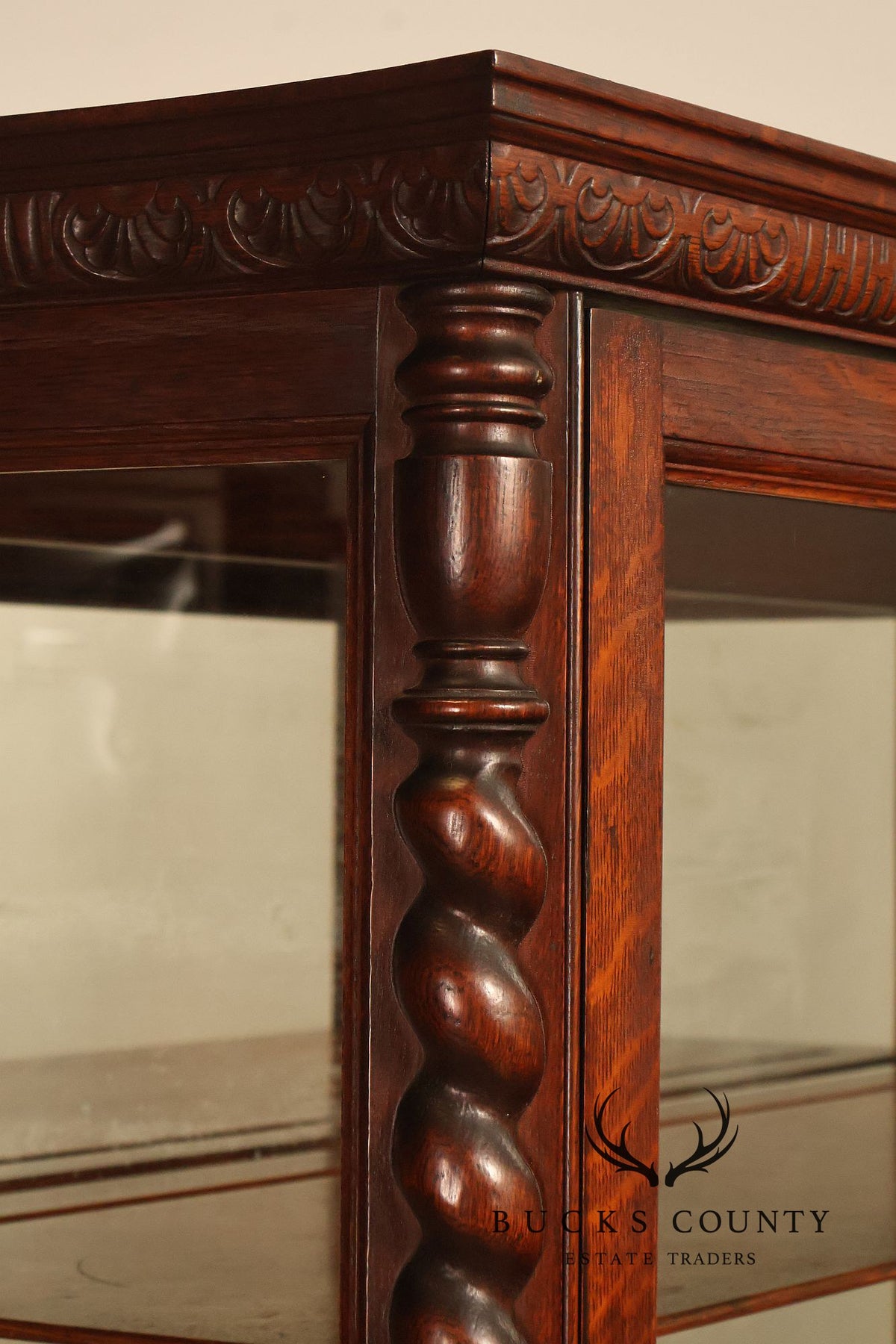 Antique Barley Twist Oak Glass Display Cabinet