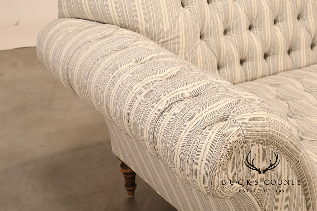Cambridge Collection Tufted Blue And White Striped Upholstered Sofa