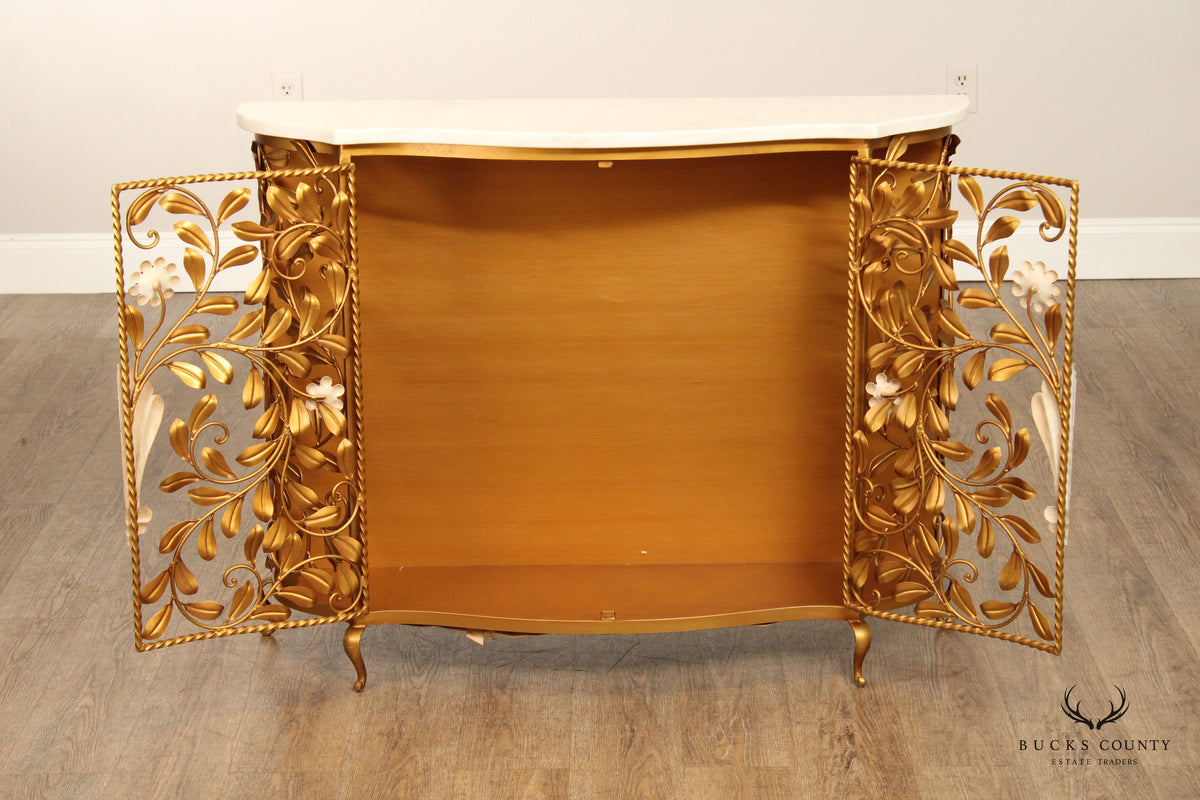 Italian Hollywood Regency Marble Top Floral Console Cabinet