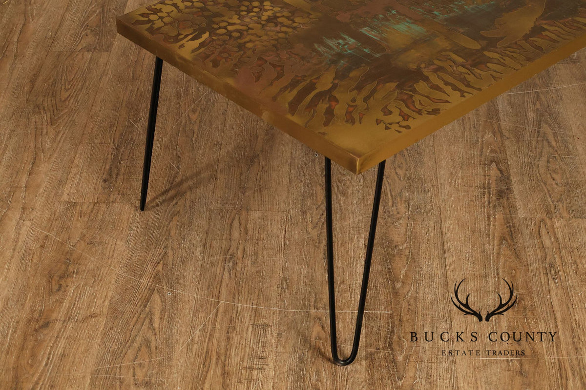 Mid Century Modern Acid Etched Brass Top Coffee Table With Hairpin Legs