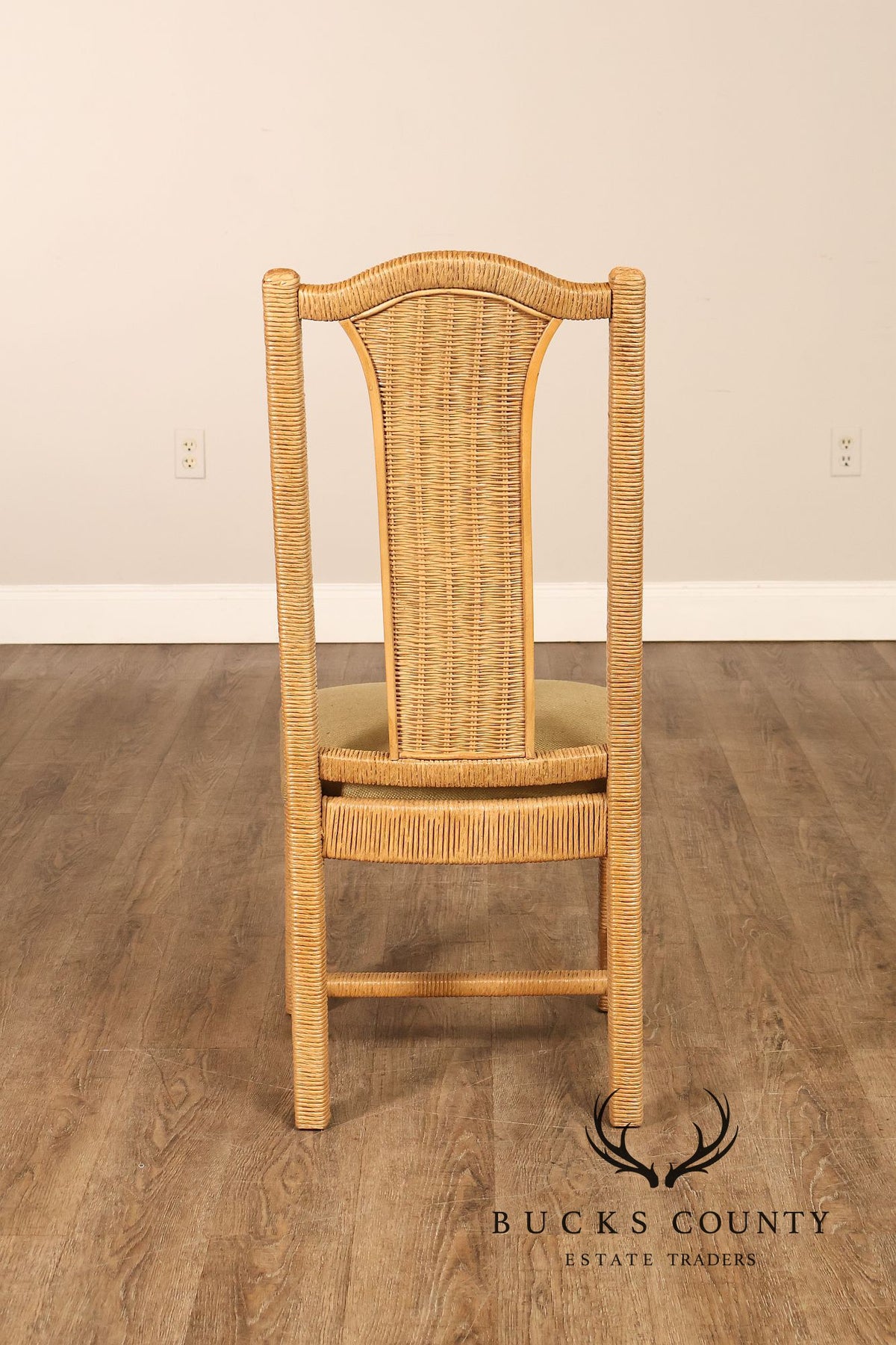 Vintage Wicker Set Of Six Dining Chairs With Upholstered Seats