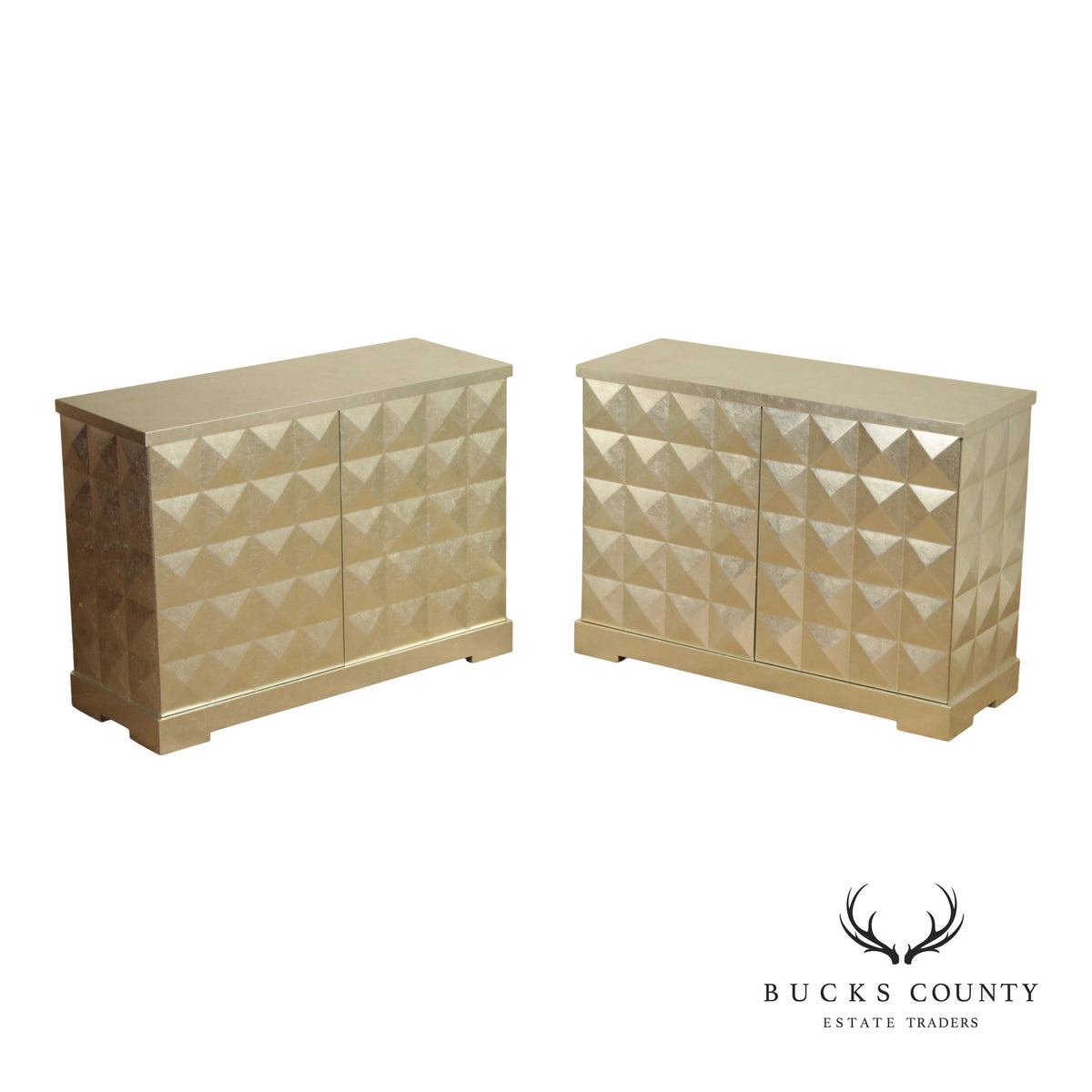 Baker Furniture Pair Of Barbara Barry Silver Leaf Diamond Front Cabinets