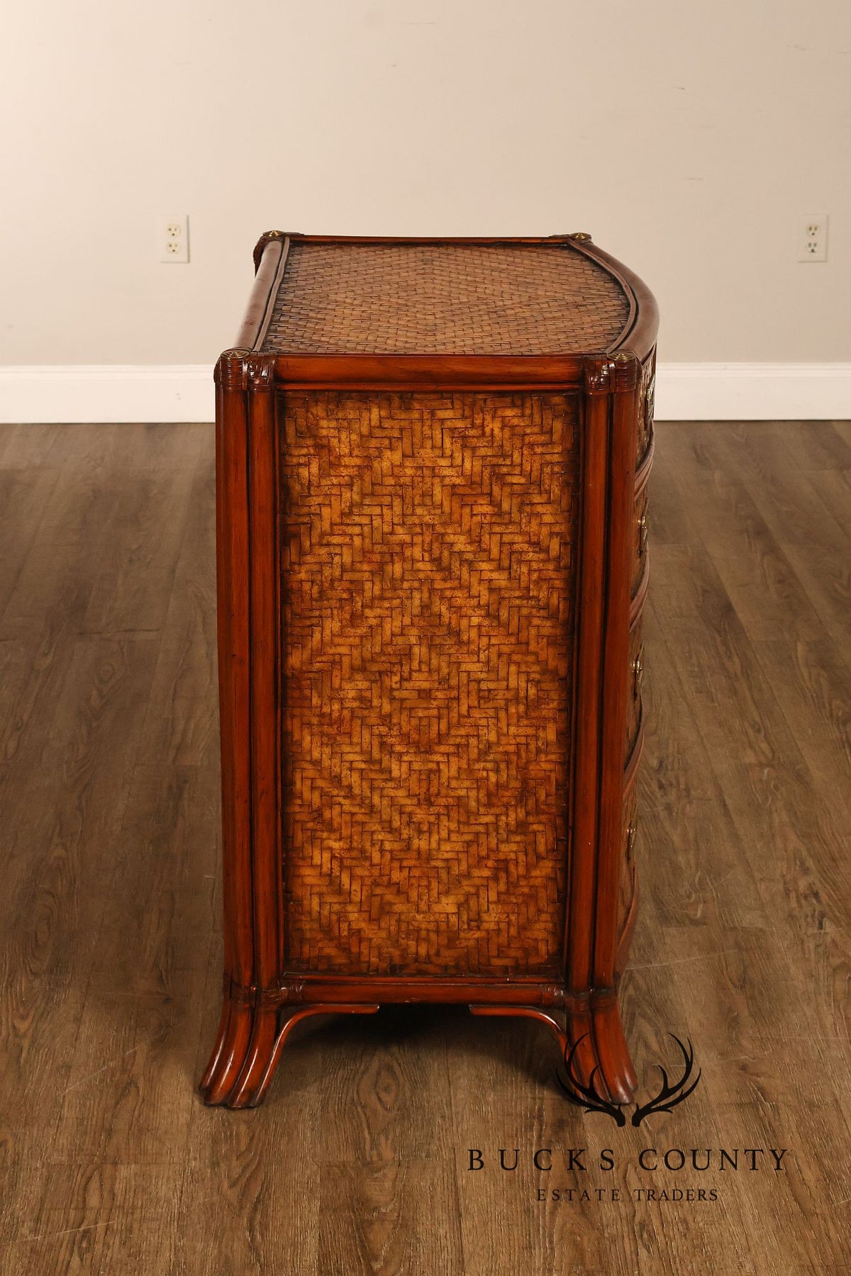 Maitland Smith Campaign Style Bowfront Rattan Chest