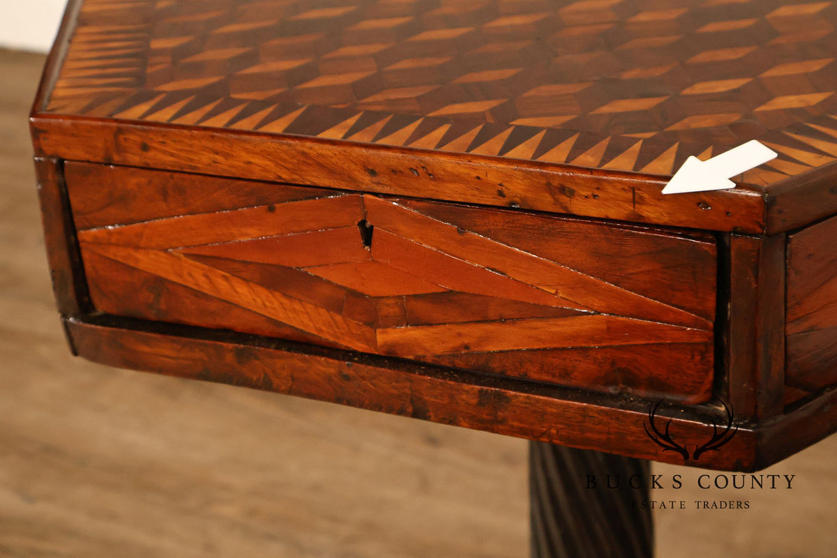 Antique British Colonial Game Table Geometric Wood Inlay