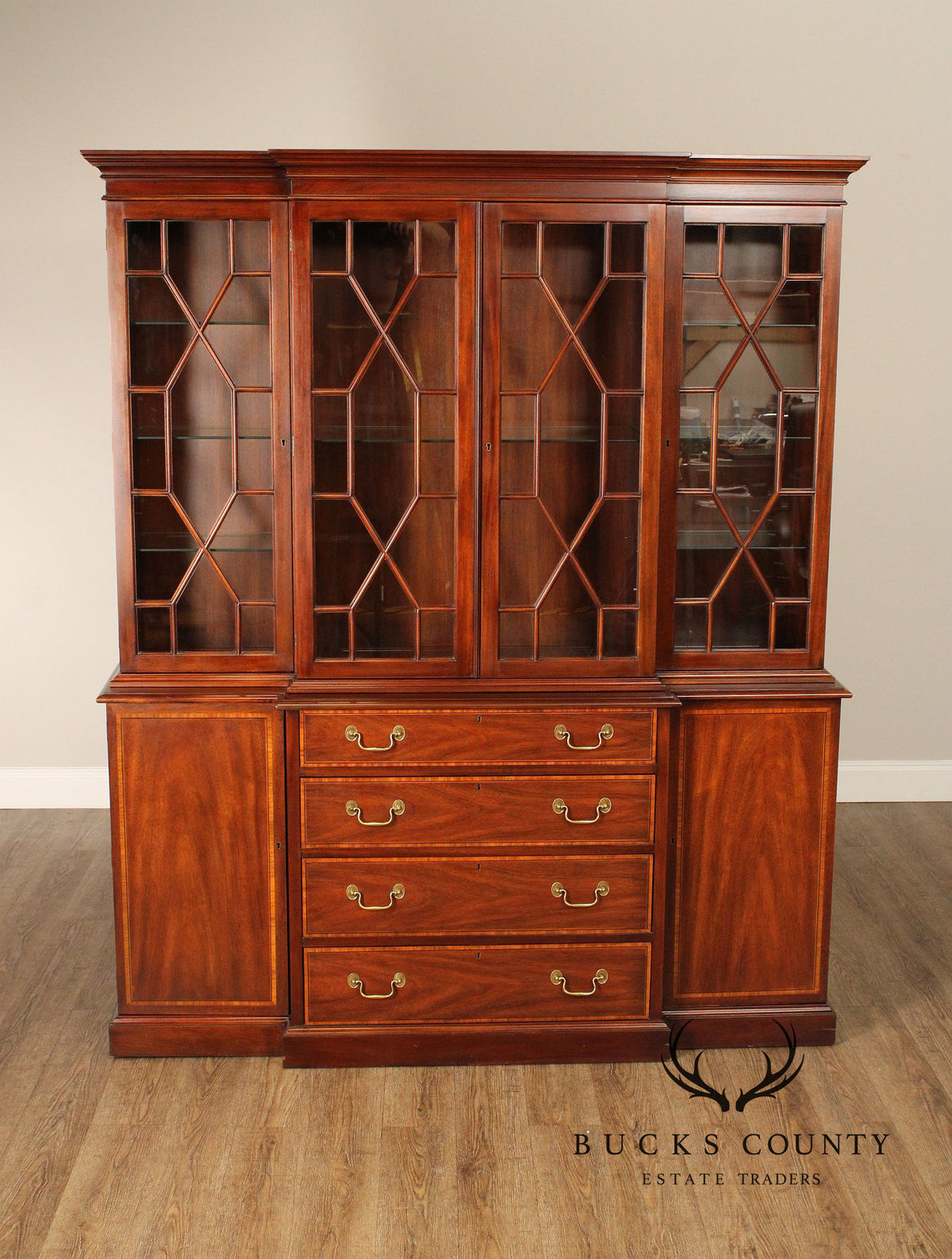 Henkel Harris Georgian Style Inlaid Mahogany Breakfront Bookcase