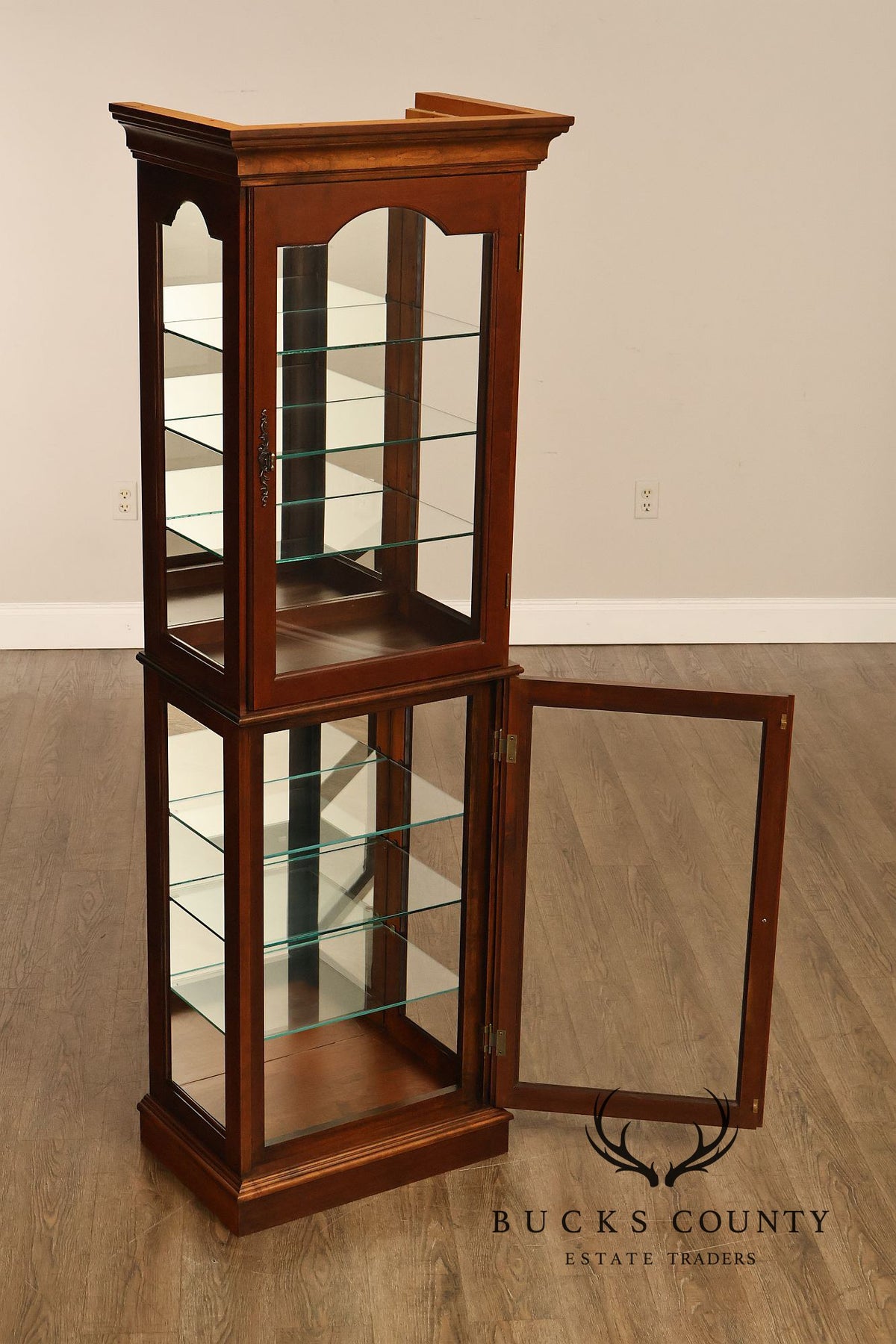 Narrow Cherry Lighted Curio Display Cabinet With Glass Shelves