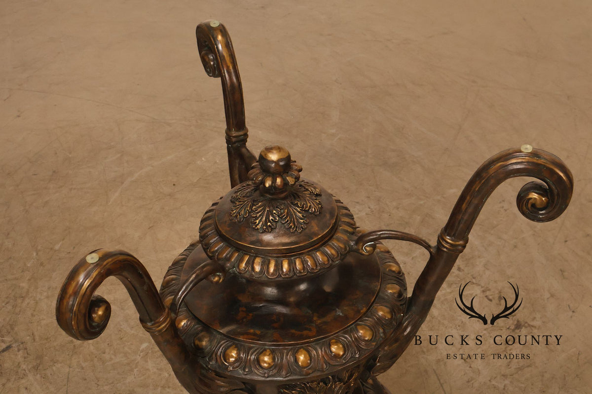 Monumental Brass Urn Form  Double Pedestal Glass Top Dining Table