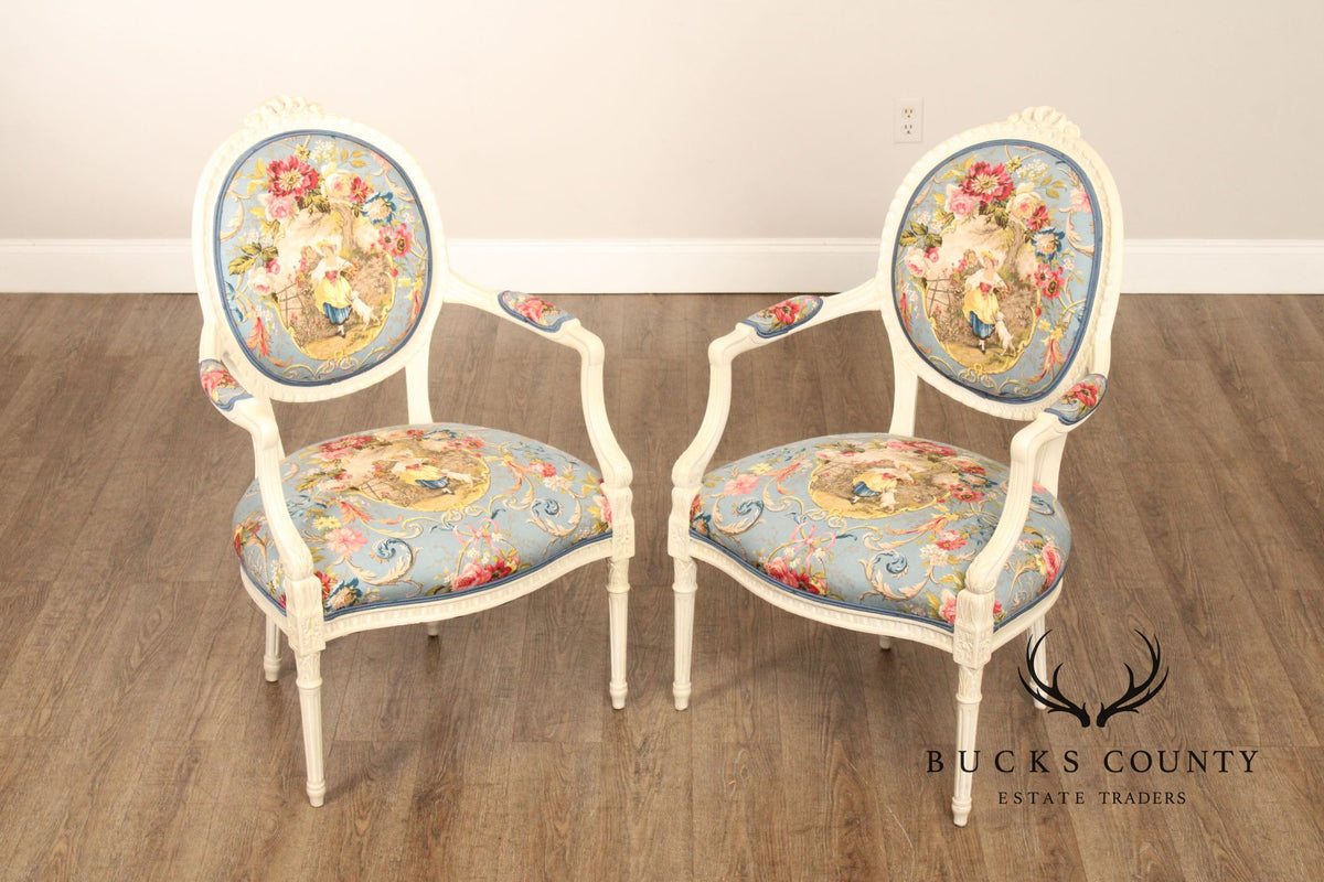 French Louis XVI Style Pair of Painted Fauteuil Armchairs
