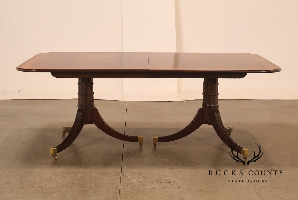 Baker Furniture Mahogany Banded Double Pedestal Extension Dining Table With Three Leaves