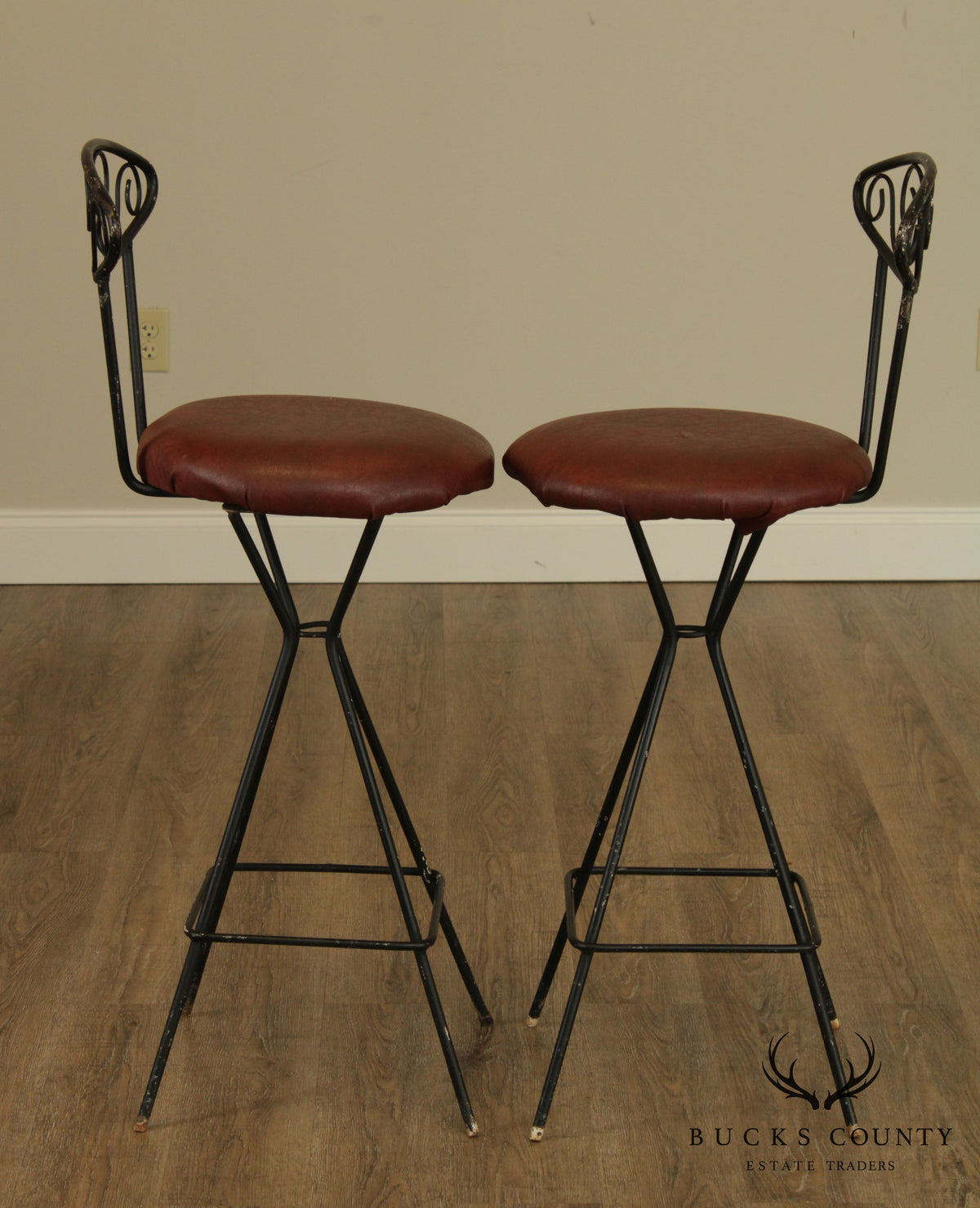 Mid Century Modern Pair Wrought Iron Barstools