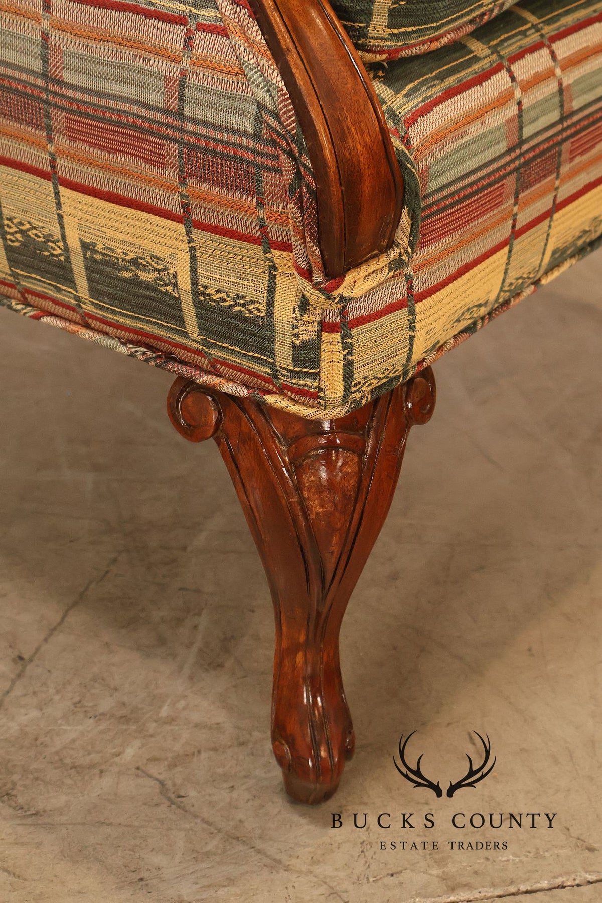 Vintage Channel Back Carved Frame Wingback Armchair