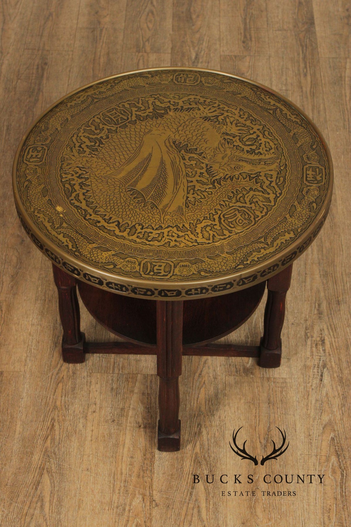 Chinese Style Bronze Top And Wood Base Accent Table With Dragon Motif