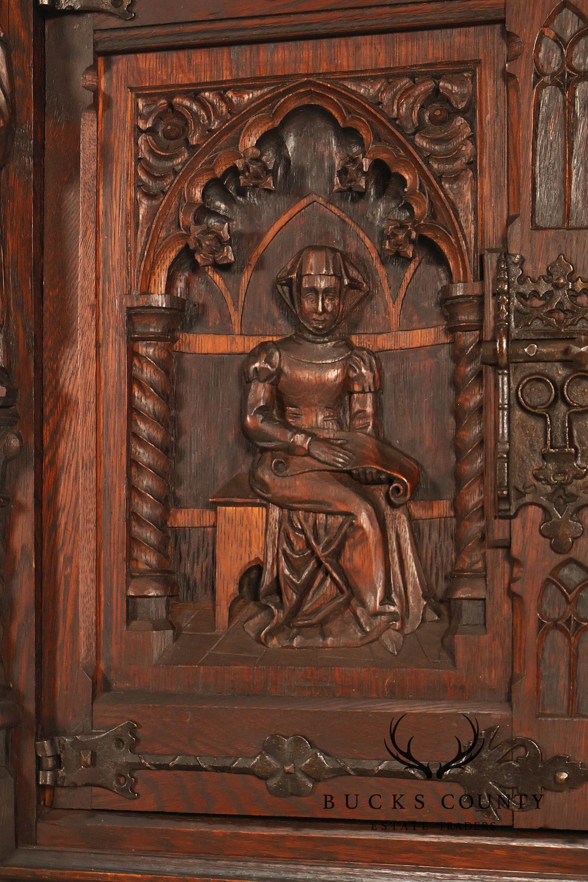Antique Neo-Gothic Carved Oak Sideboard Server With Figural Panels