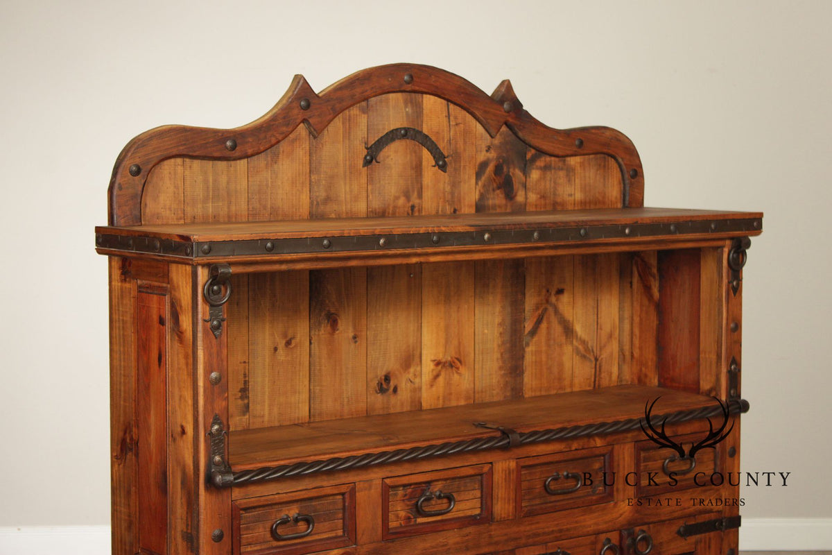 Rustic Spanish Colonial Style Pine Iron Mounted Sideboard Hutch