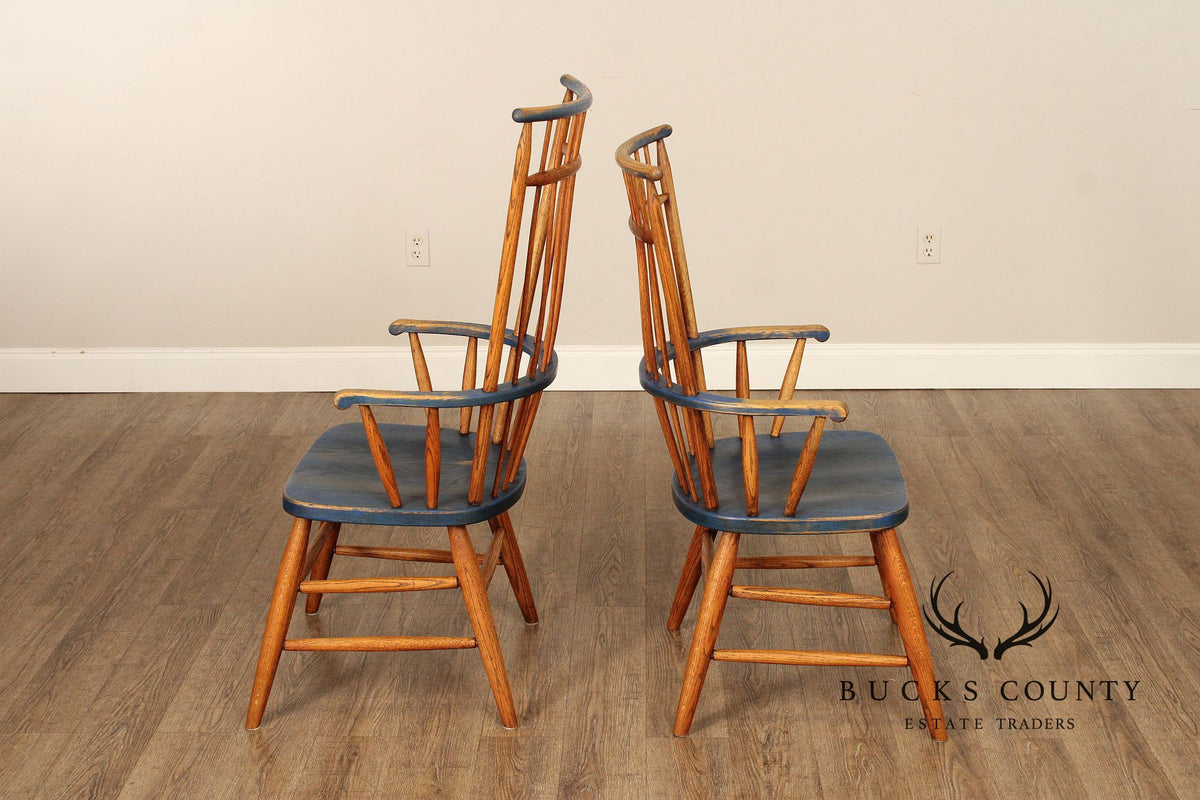 Early American Style Set of Four Oak Painted Windsor Armchairs