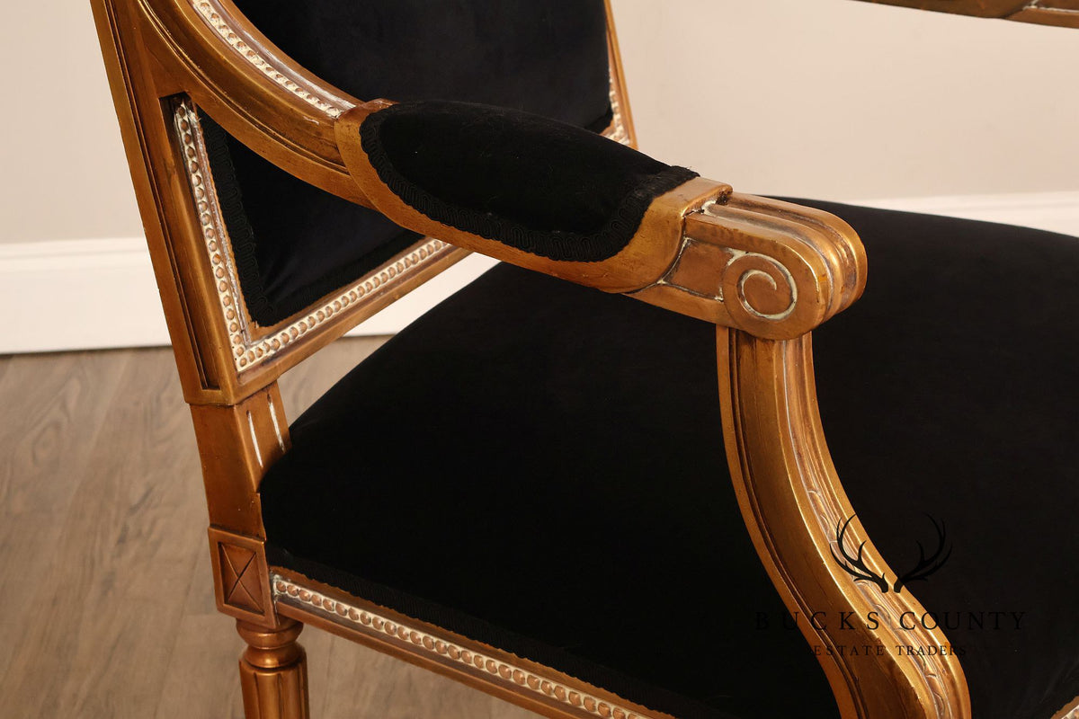 Louis XVI Style Giltwood Armchair With Black Upholstery