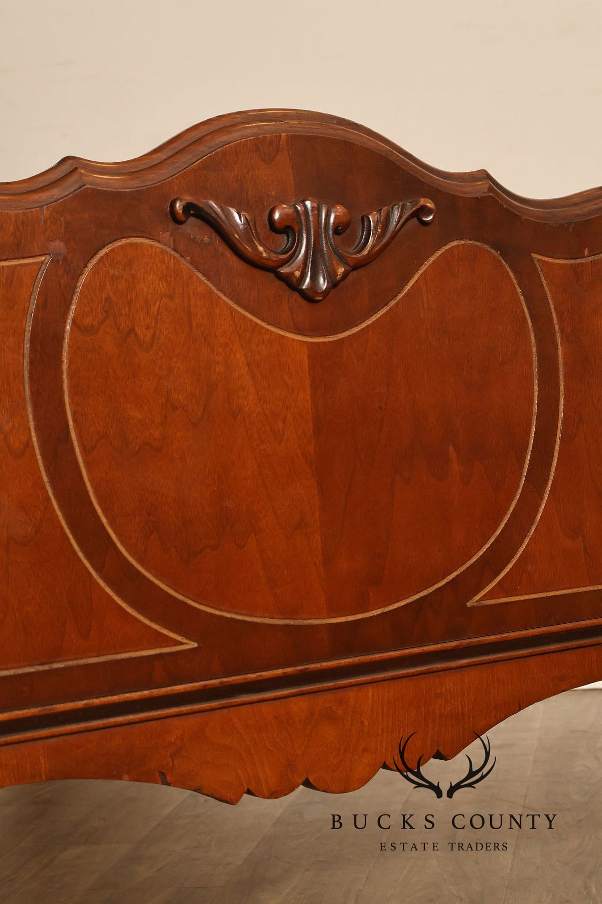 Antique Victorian Walnut Full Size Bedframe With Carved Floral Accents And Decorative Inlay