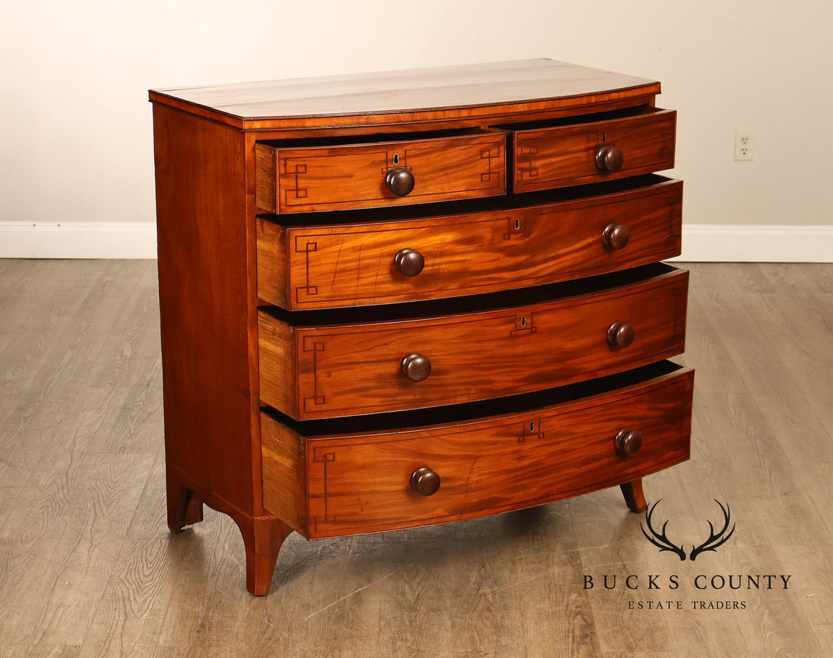 Antique English Sheraton Style Inlaid Bow Front Chest Of Drawers