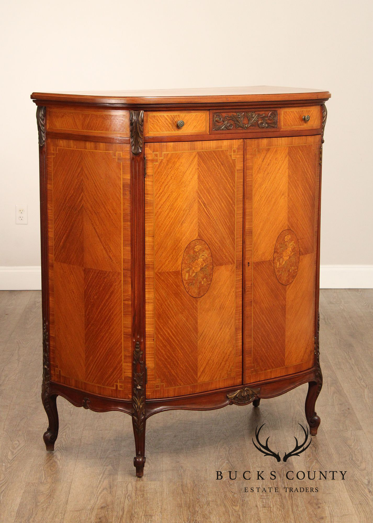 1930's French Louis XV Style Inlaid Satinwood Demilune Gentleman's High Chest