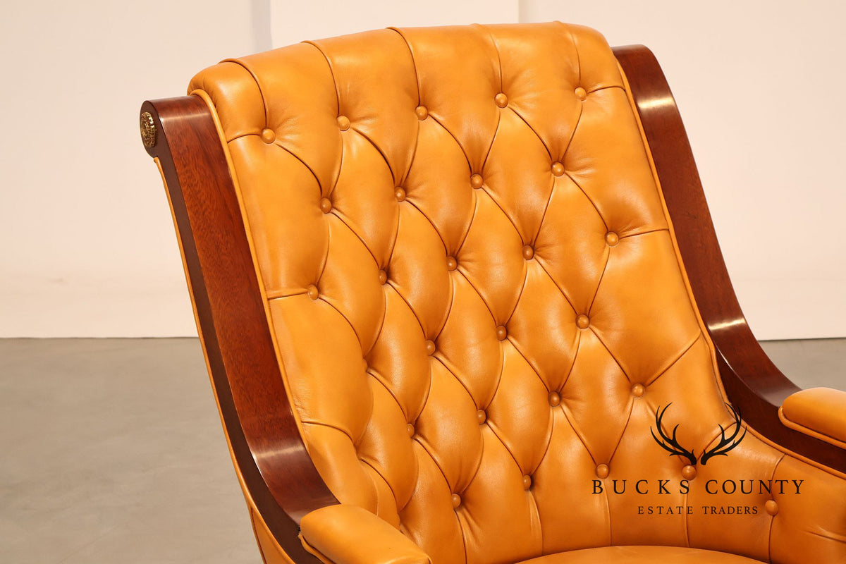 Mariner Leather Swivel Office Chair With Tufted Back And Carved Mahogany Base