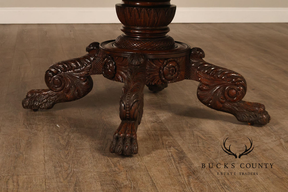 Antique 57 inch Round Oak Pedestal Dining Table With Carved Claw Feet