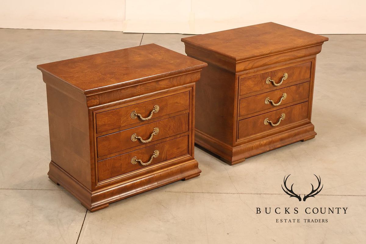 Henredon 'Charles X' Pair of  Burlwood Nightstands