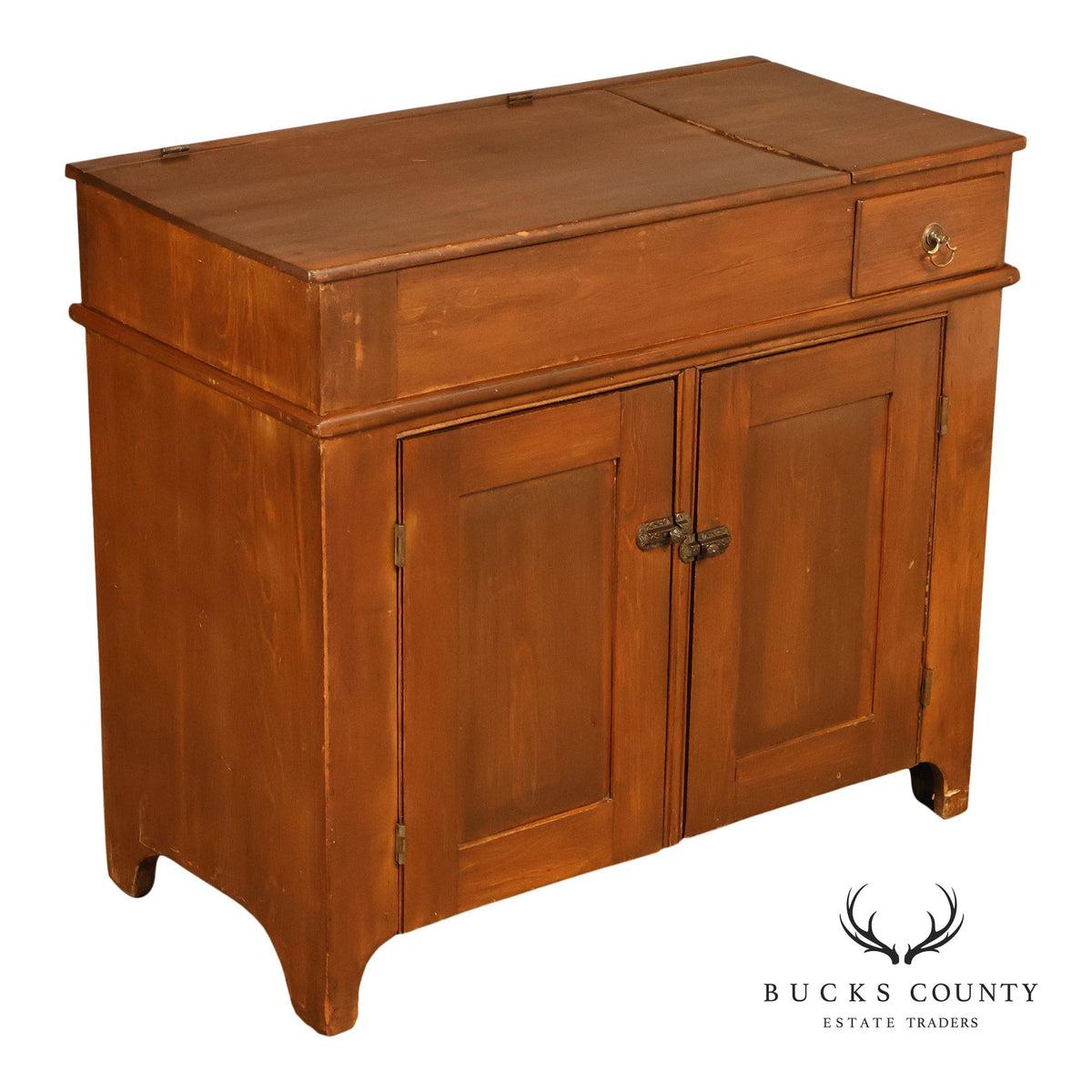 Antique Primitive Wood Dry Sink With Lift Top And Paneled Cabinet