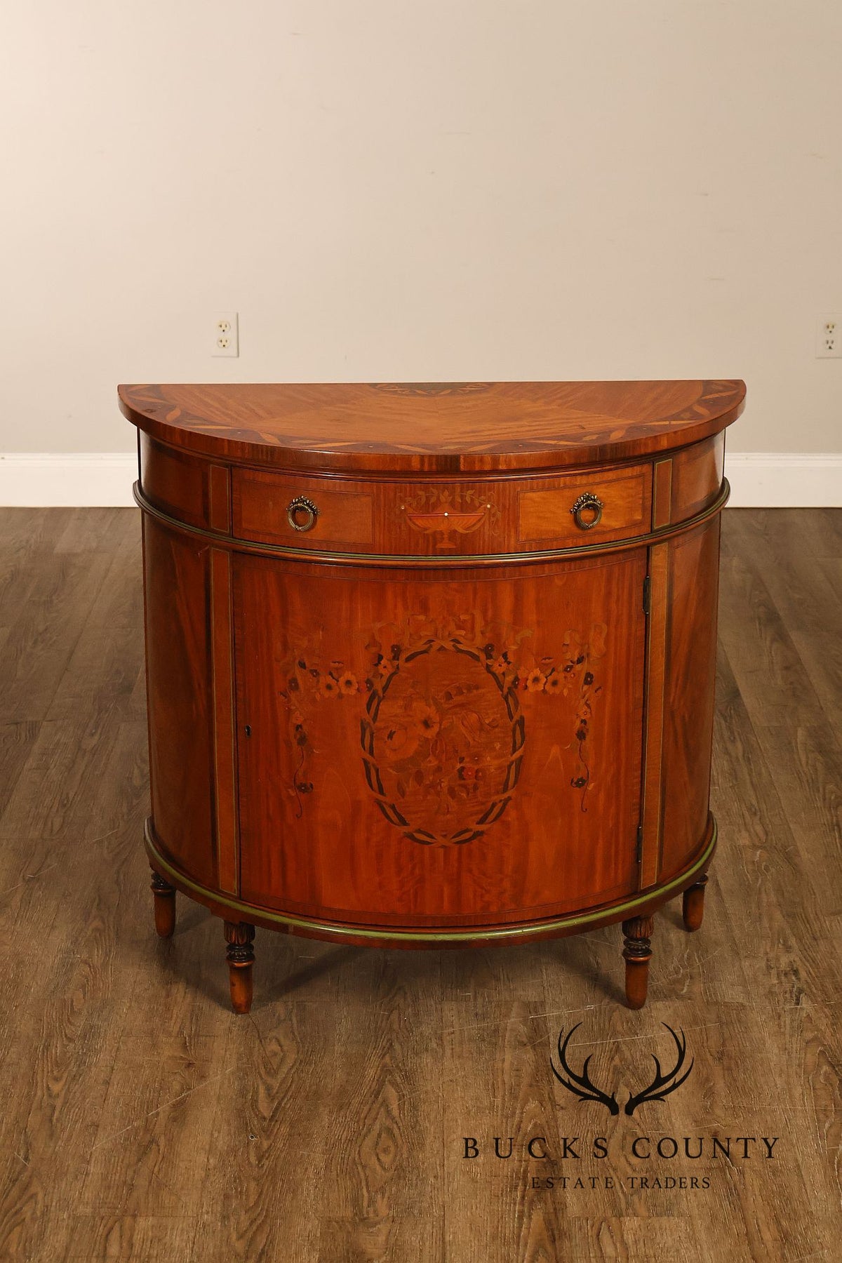 Neoclassical Style Inlaid Demilune Cabinet With Interior Drawers