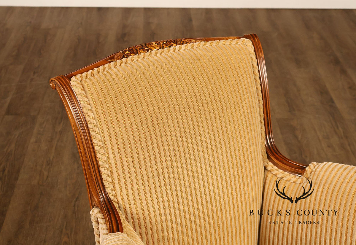 Medea Furniture Pair of  Louis XVI Style Carved Bergere Armchairs With Gold Striped Velvet Upholstery