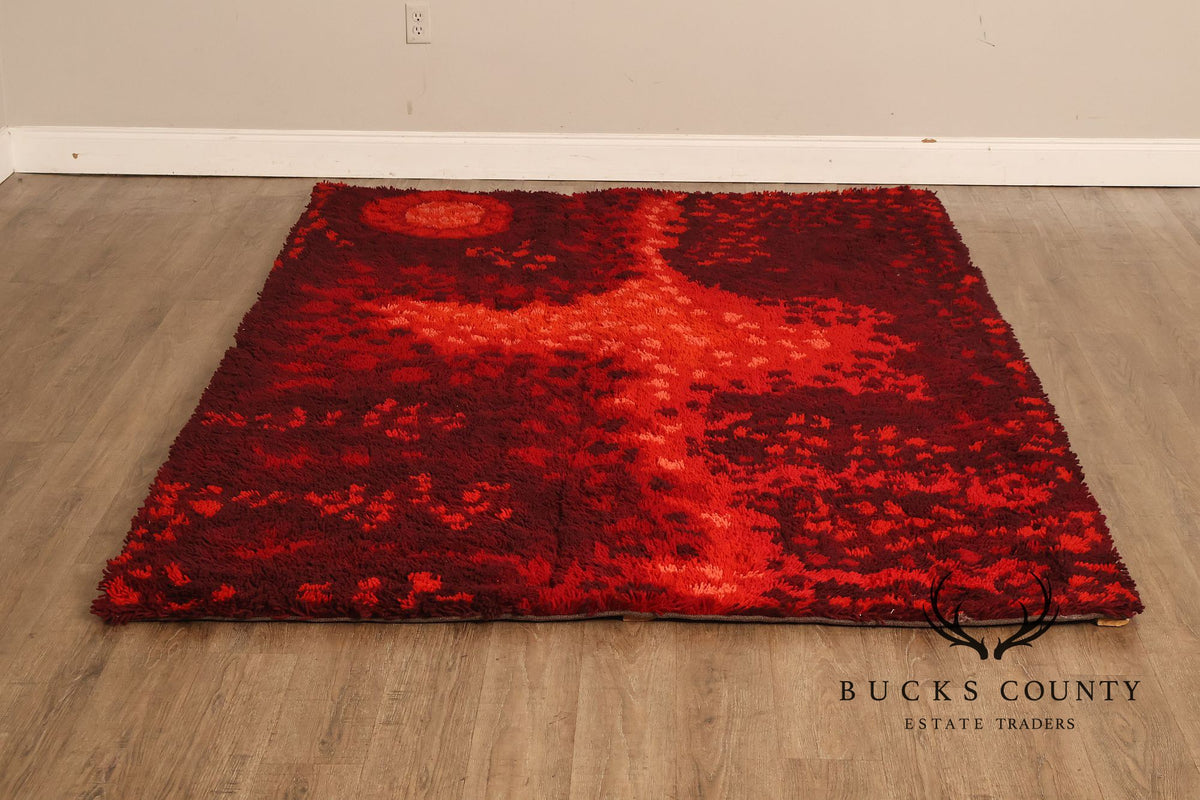 Mid Century Modern Scandinavian Rya Wool Abstract Red Shag Area Rug / Textile Wall Hanging by Ritva Puotila