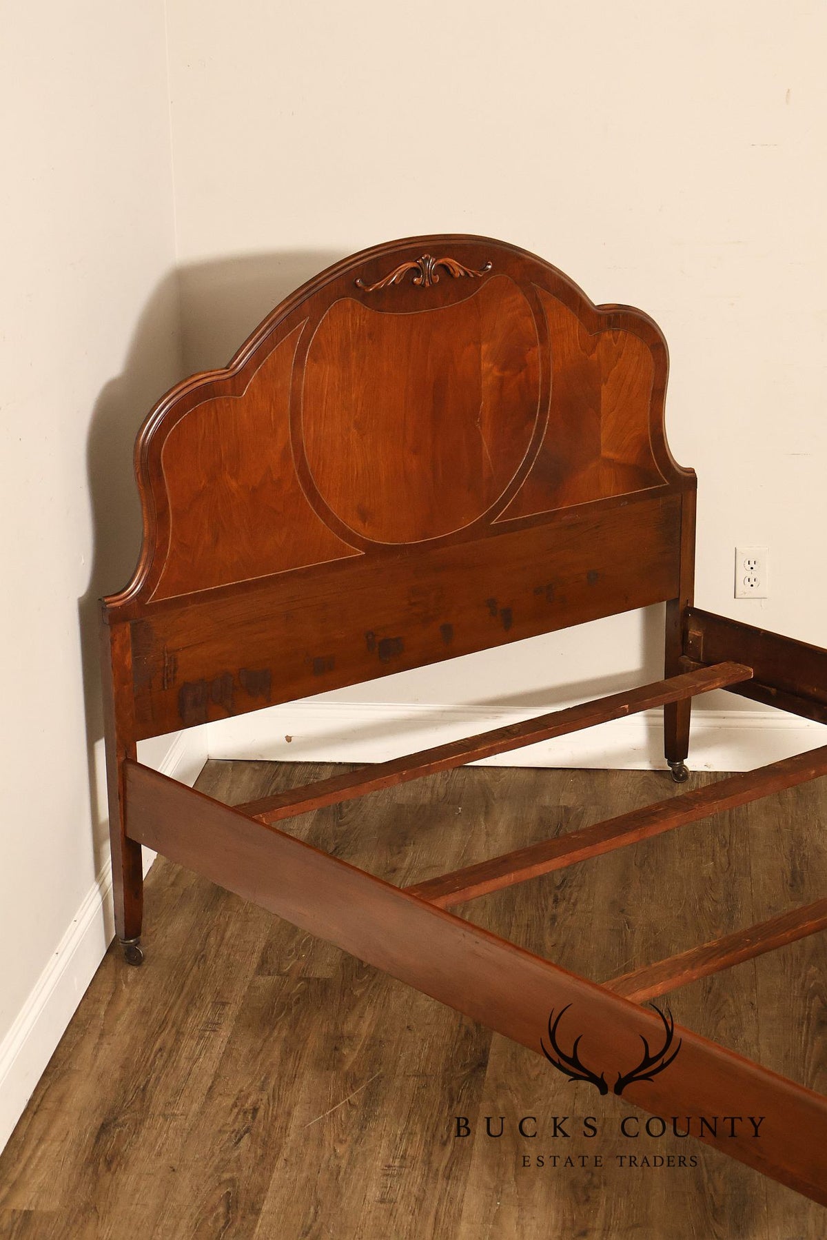 Antique Victorian Walnut Full Size Bedframe With Carved Floral Accents And Decorative Inlay