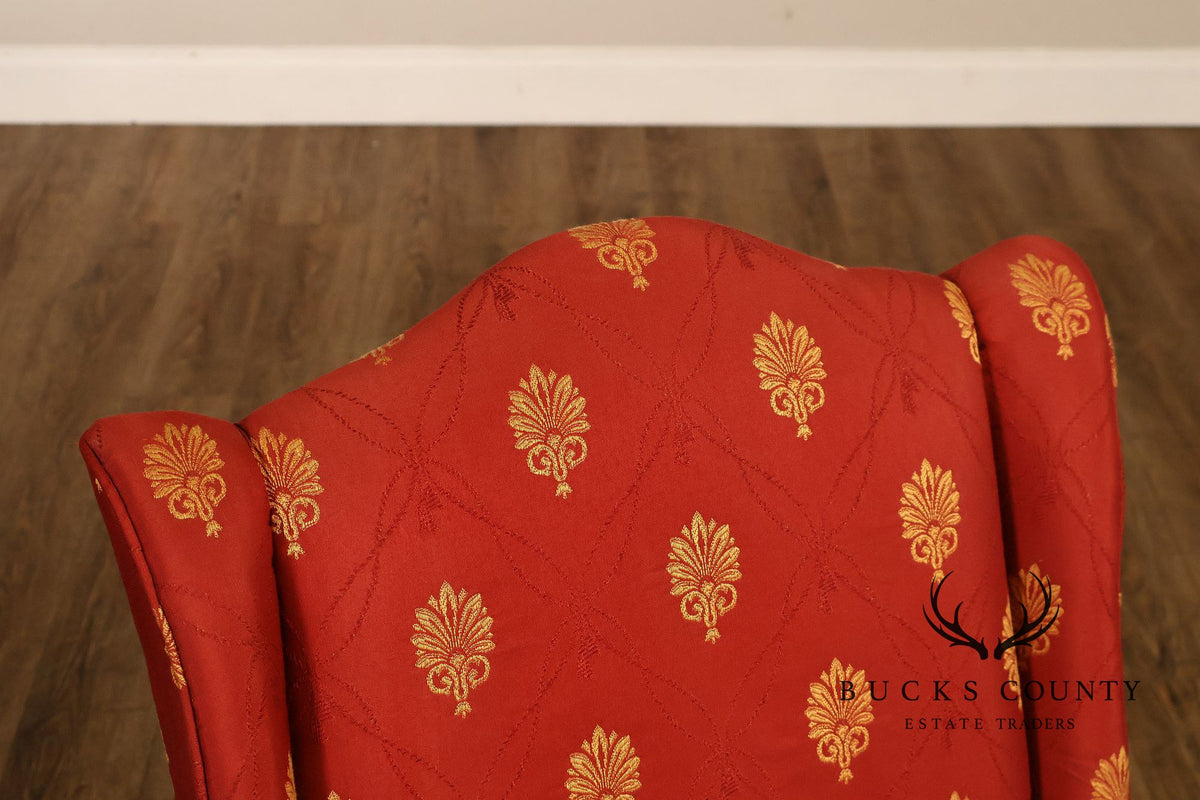 Pair Of Red And Gold Upholstered Wingback Accent Chairs With H-Stretcher Bases