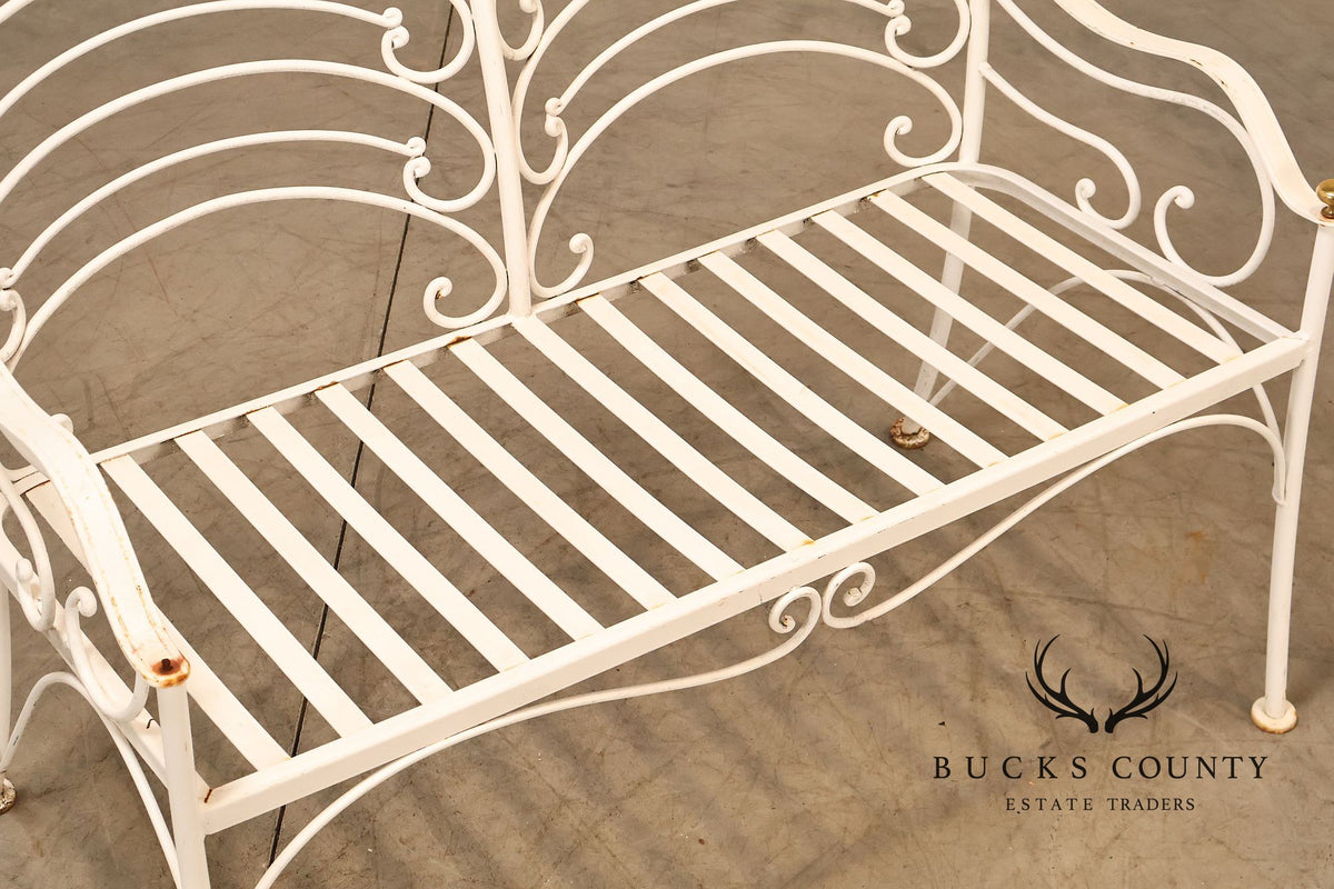 Woodard Vintage White Painted Wrought Iron Garden Bench With Scrollwork Back