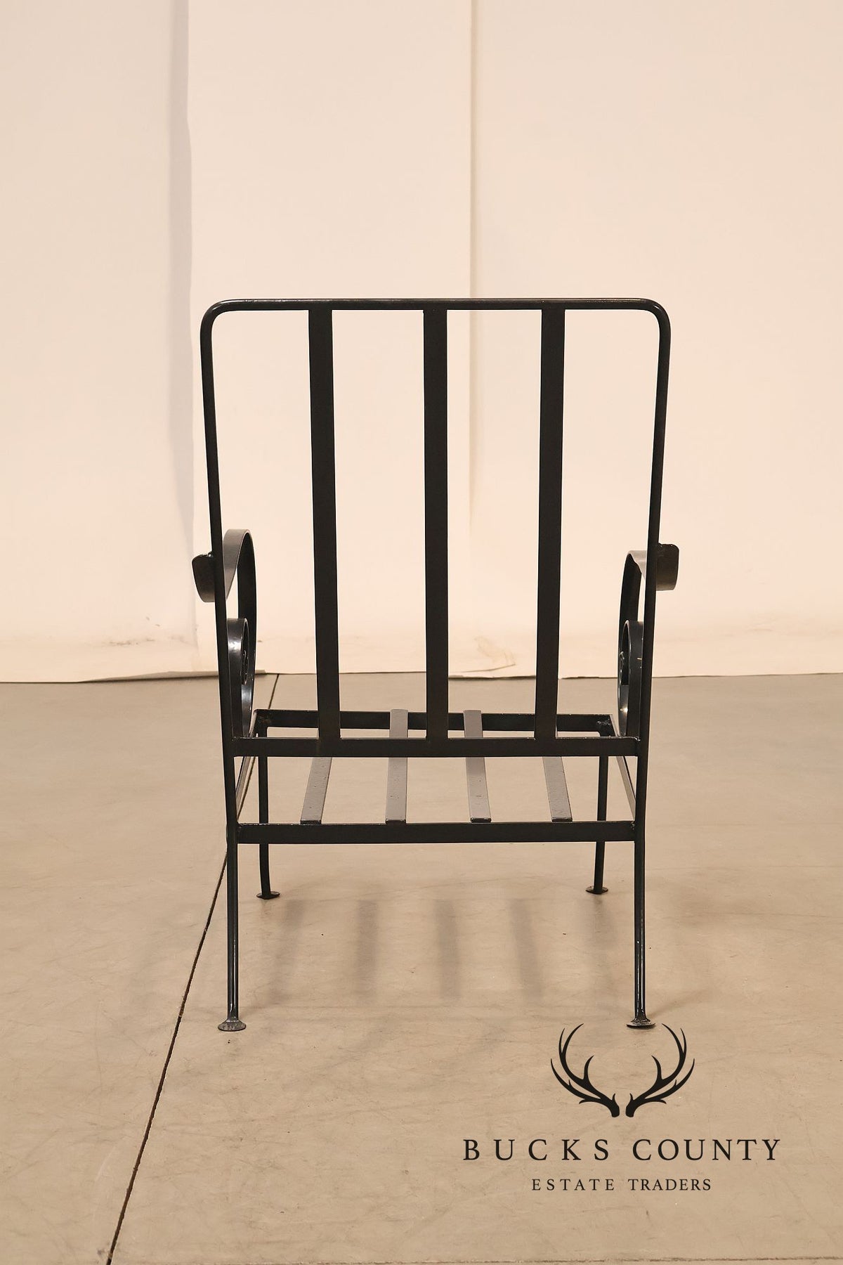 Vintage Pair of Wrought Iron Scroll Arm Lounge Chairs