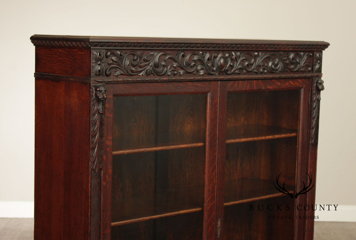Antique Renaissance Revival Carved Oak Glass Door Bookcase