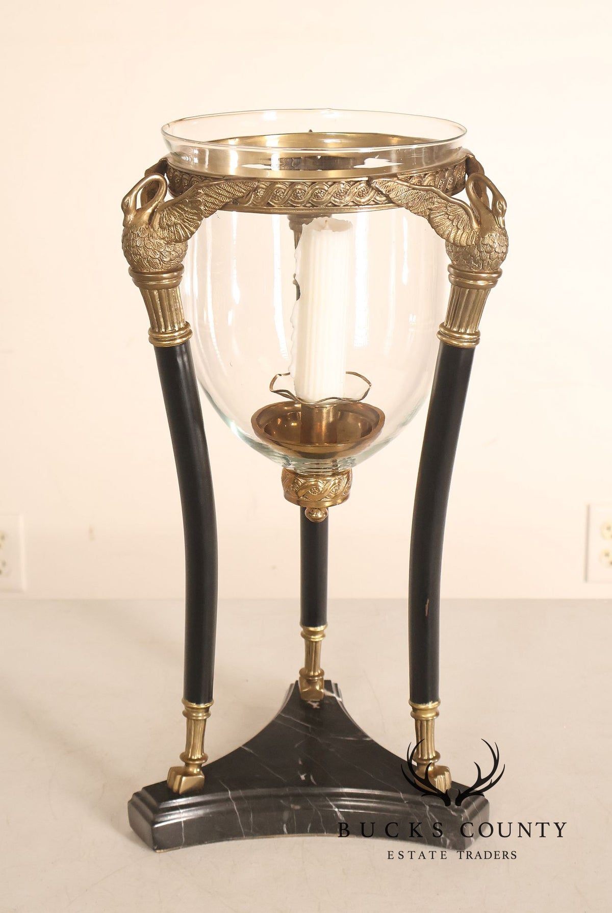 Empire Style Brass Swan And Marble Hurricane Candle Holder