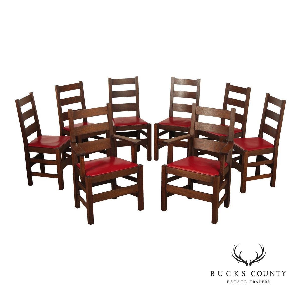 Antique Stickley Brothers Mission Oak Set Of 8  Ladder Back Dining Chairs